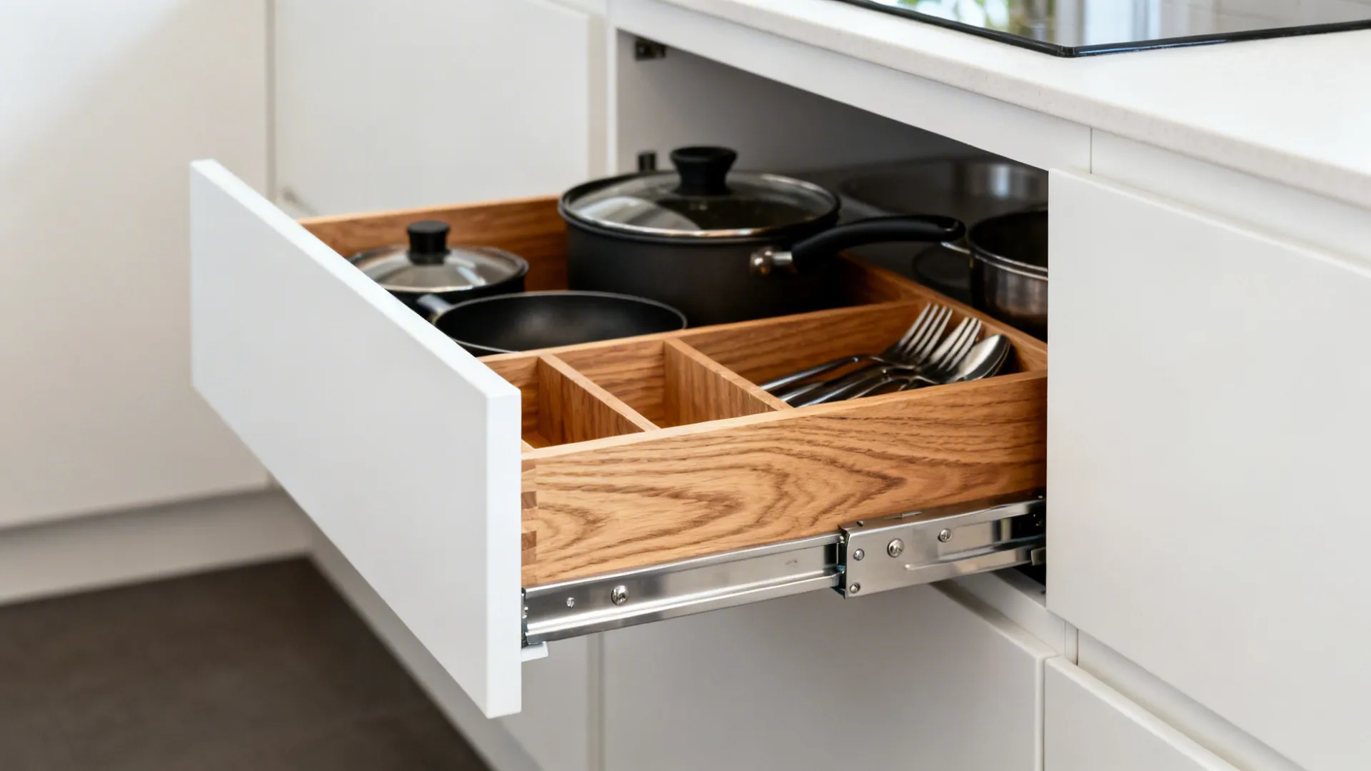 Macro of deep kitchen drawer with oak organizer and soft-close hardware.