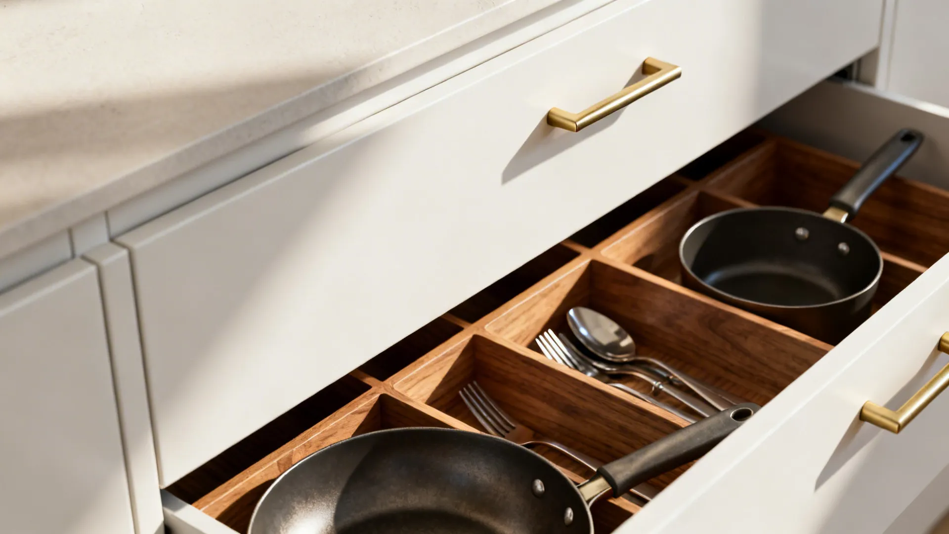 Macro of a matte white handleless kitchen drawer with oak dividers and precise alignment.