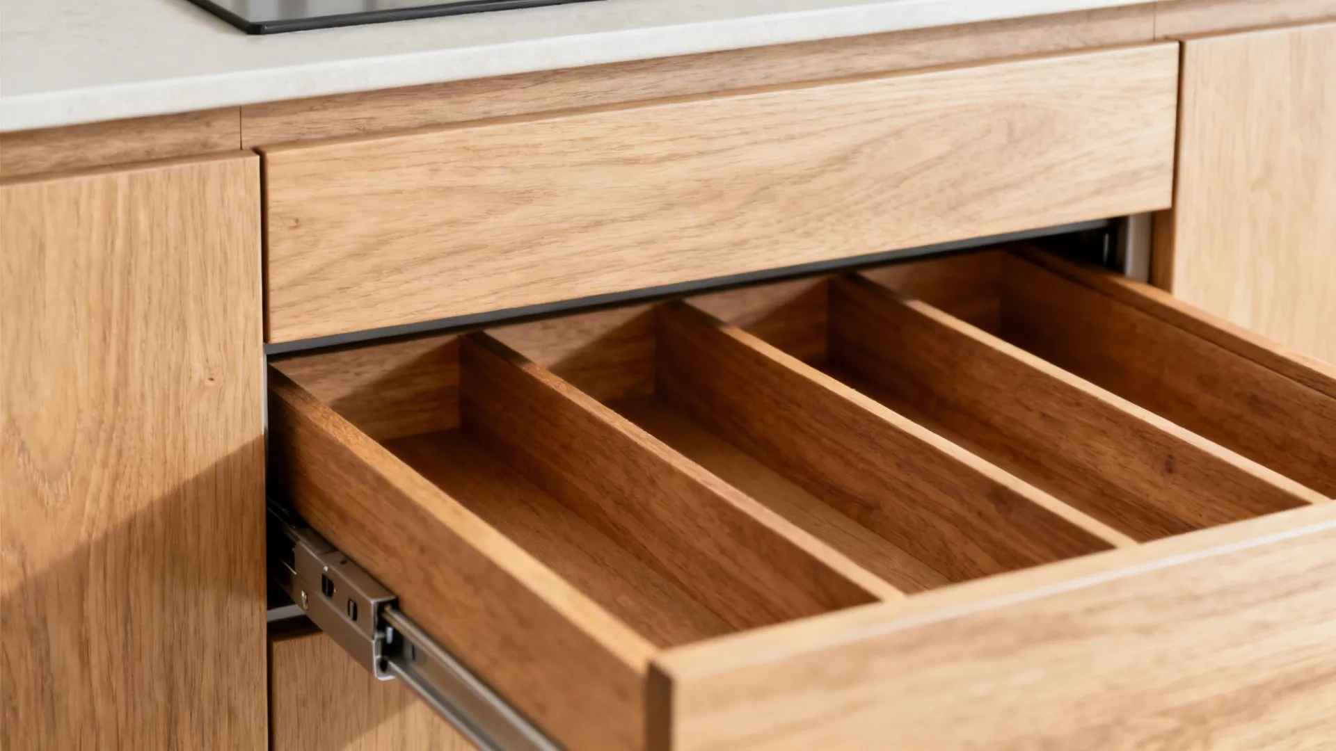Macro of oak organizer in a full-extension kitchen drawer with matte flat-front panel.