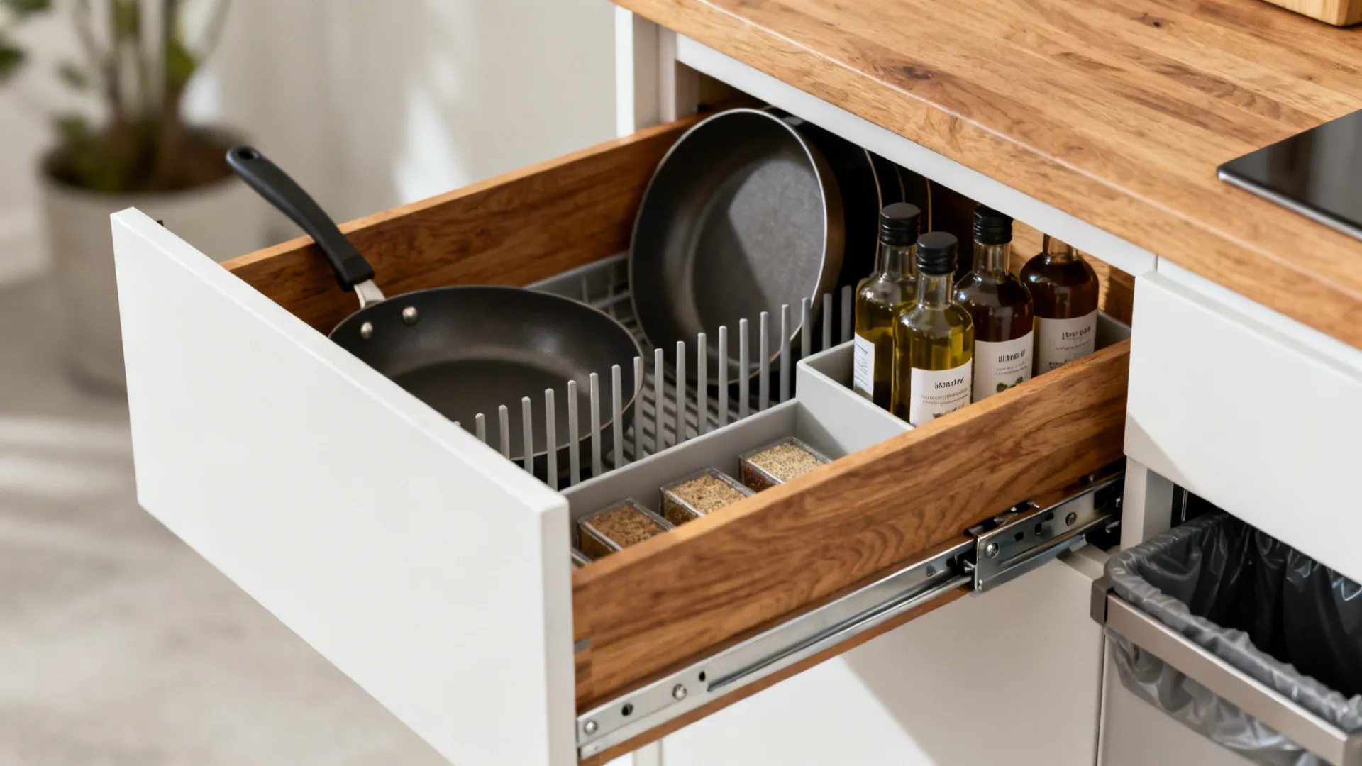 Close-up of full-extension island drawer with organized inserts and soft-close slides.