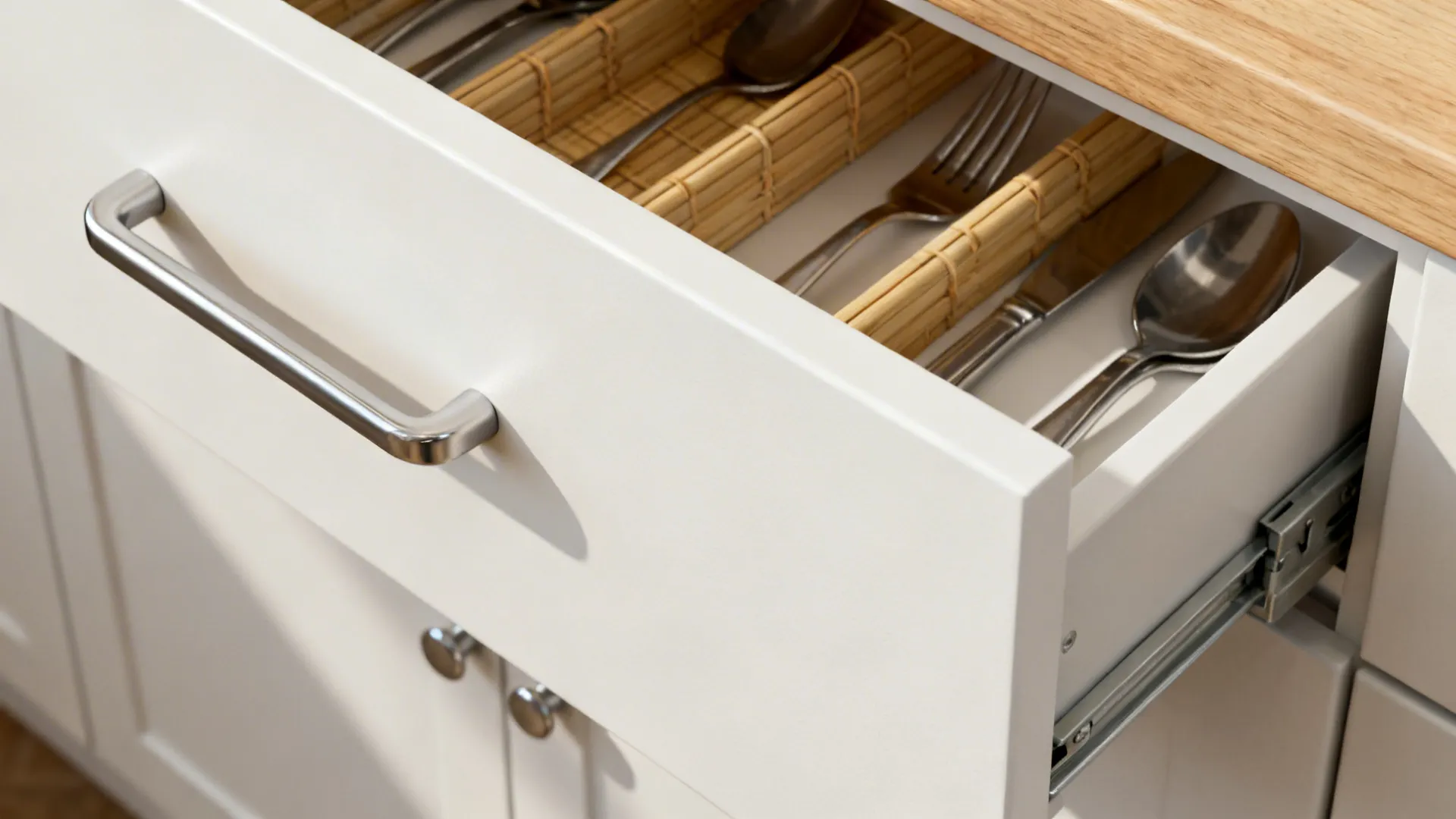Macro of matte white drawer with satin nickel pull and organized bamboo cutlery dividers.