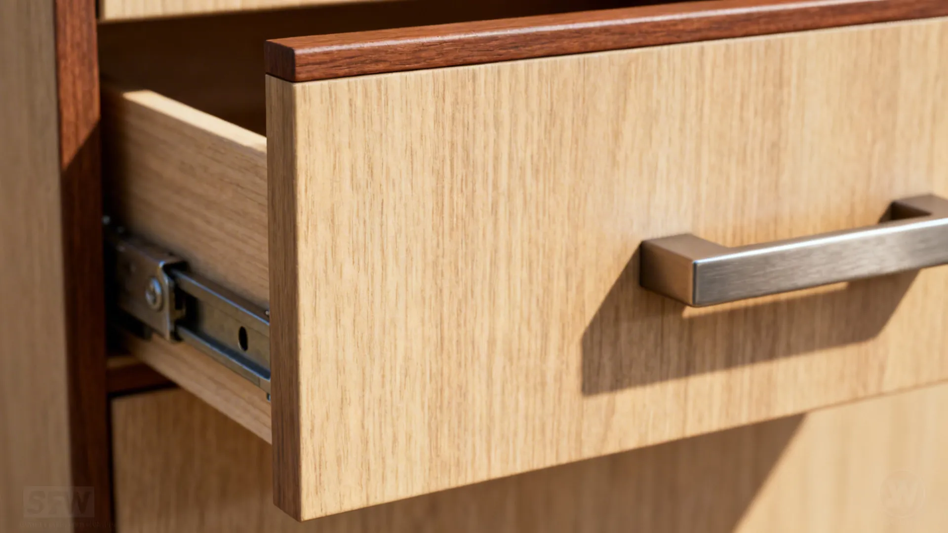 Macro of a compact drawer with oak-look laminate and slim walnut trim on a soft-close slide.