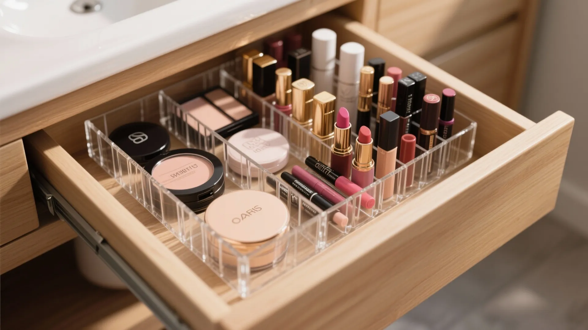 Wooden vanity drawer with clear plastic dividers organizing various lipsticks and powder makeup beauty products