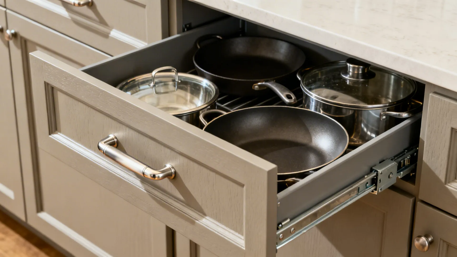 Macro of a full-extension kitchen drawer with soft-close hardware and matte finish.