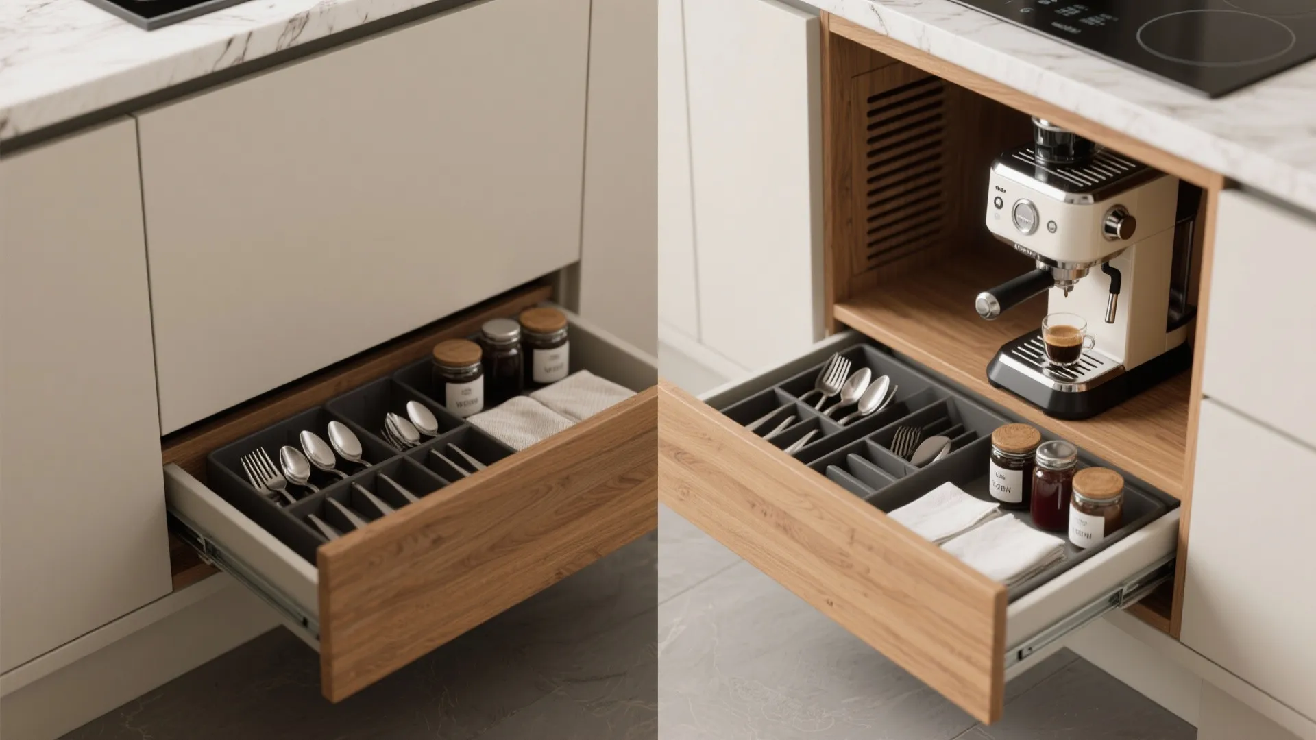 5. Drawer-Based Mini Bar with Organized Zones