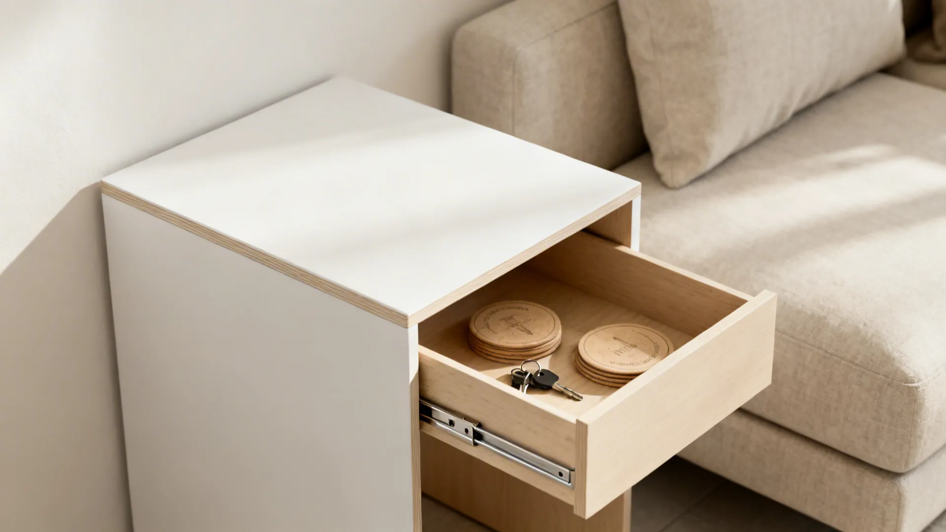 Minimalist white cabinet with open wooden drawer holding keys and coasters next to a beige sofa