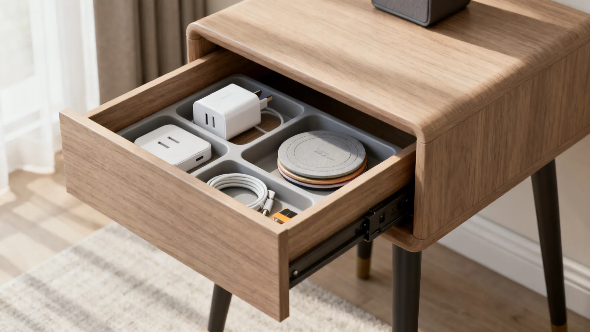 Wooden side table drawer with grey storage tray holding white phone chargers and colorful round coasters