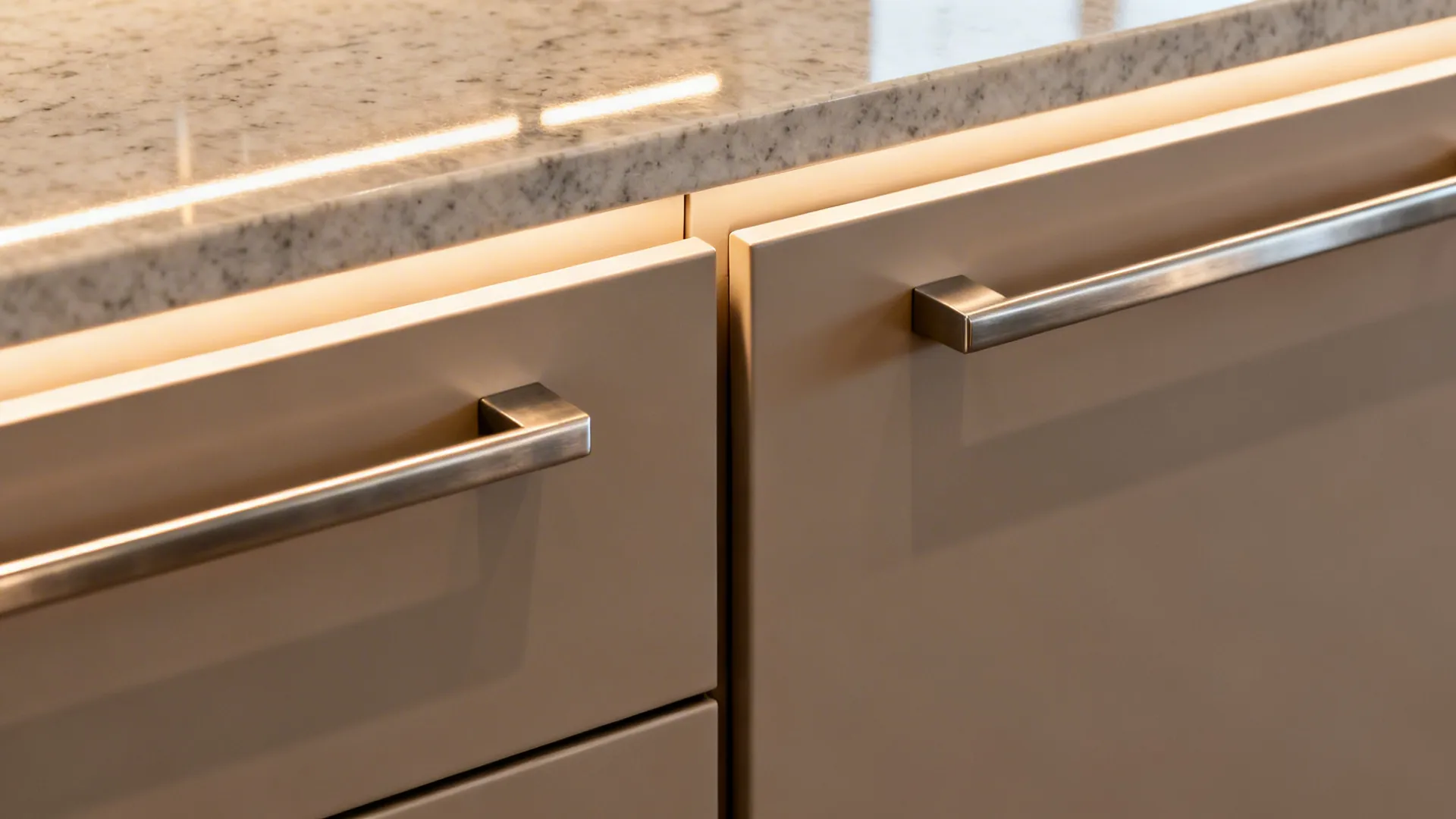 Macro of offset soft-close drawers preventing clashes in a galley kitchen.