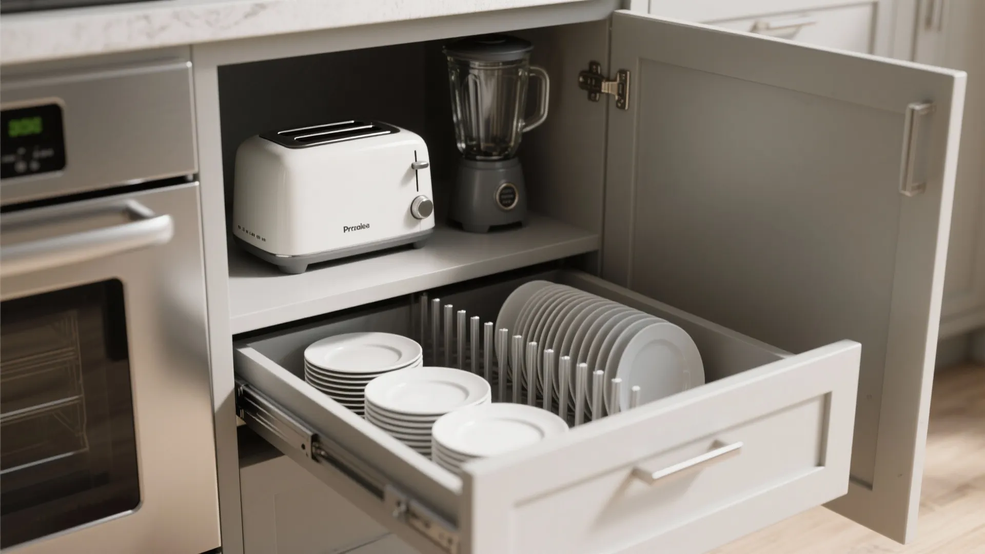 Open kitchen cabinet showing white toaster blender and drawer with organized white plates and bowls
