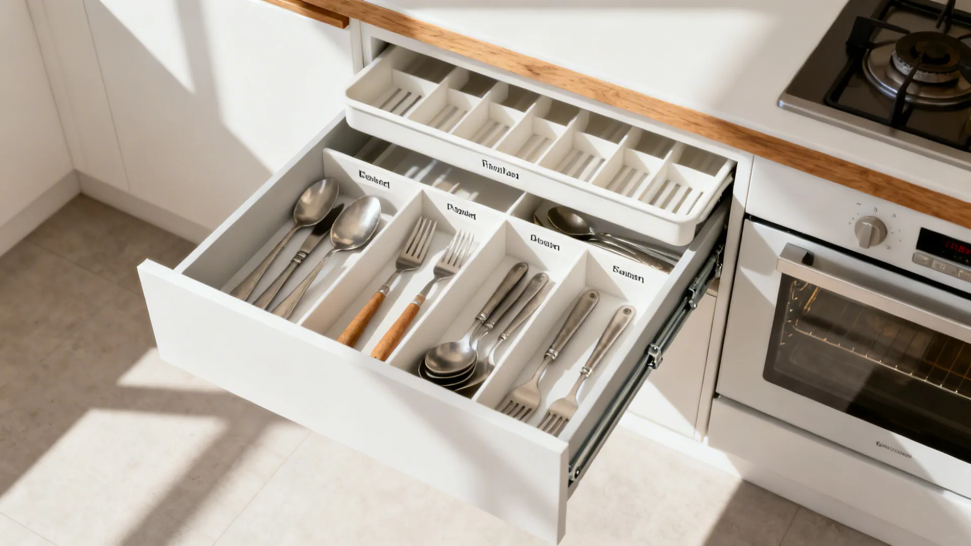 Top-down view of neatly organized kitchen drawers with dividers and soft-close hardware.
