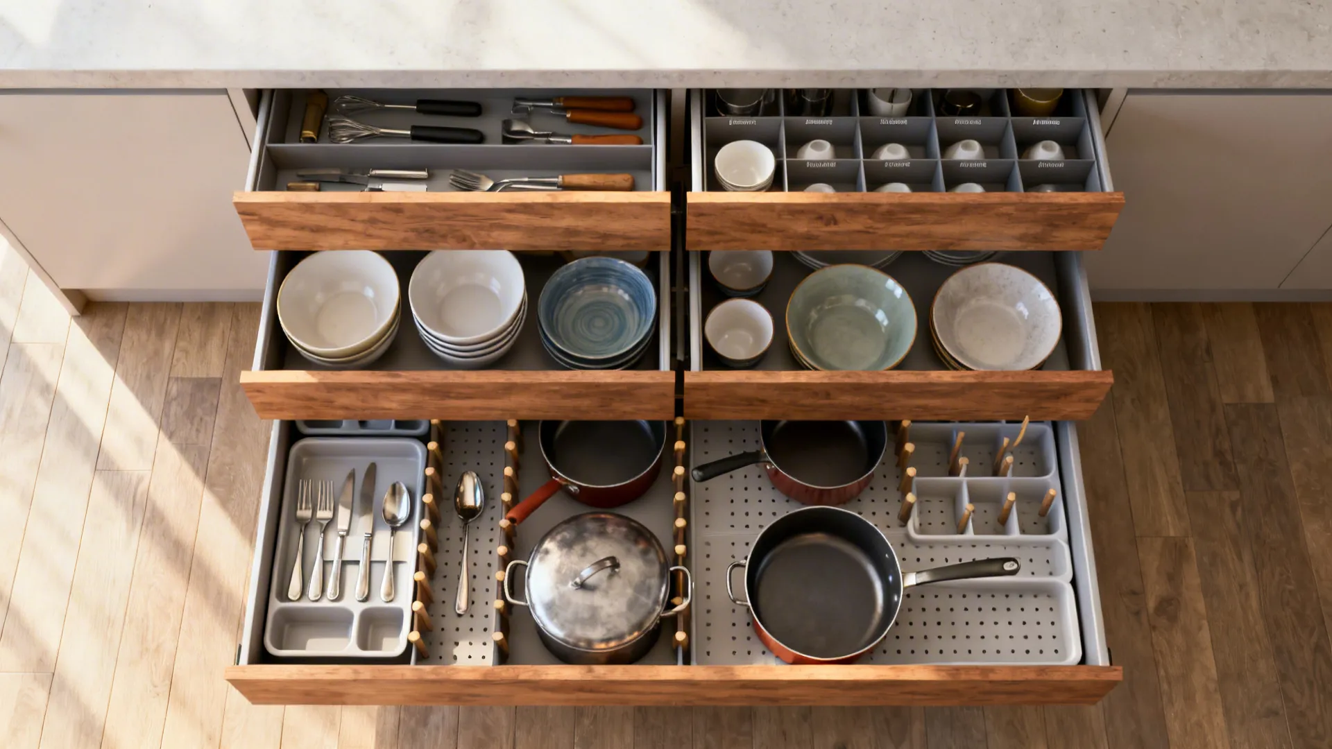 Top-down view of organized island drawers with dividers and pegs.