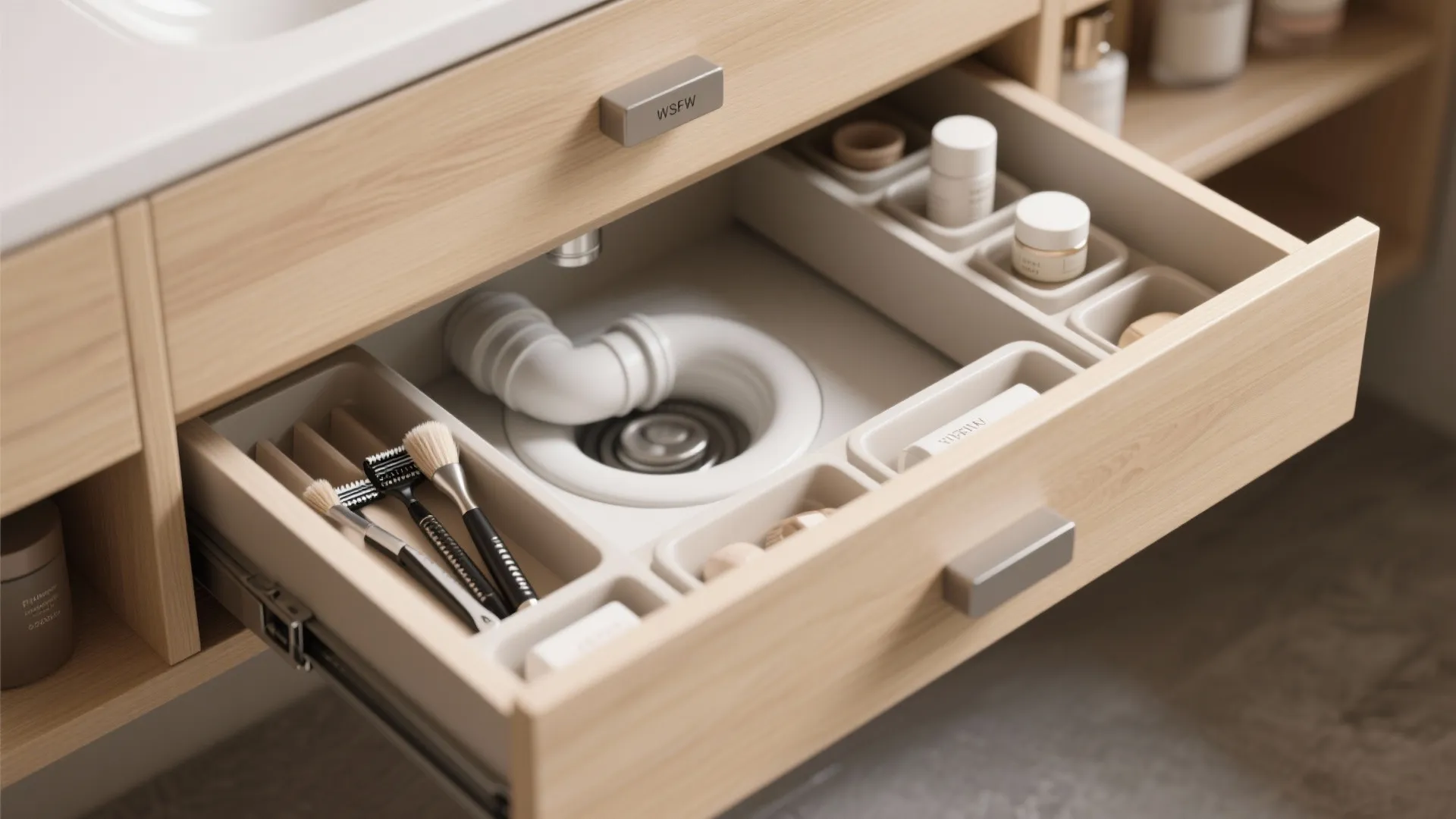 Open wooden bathroom cabinet drawer with white storage boxes organizing skin care products and grooming tools