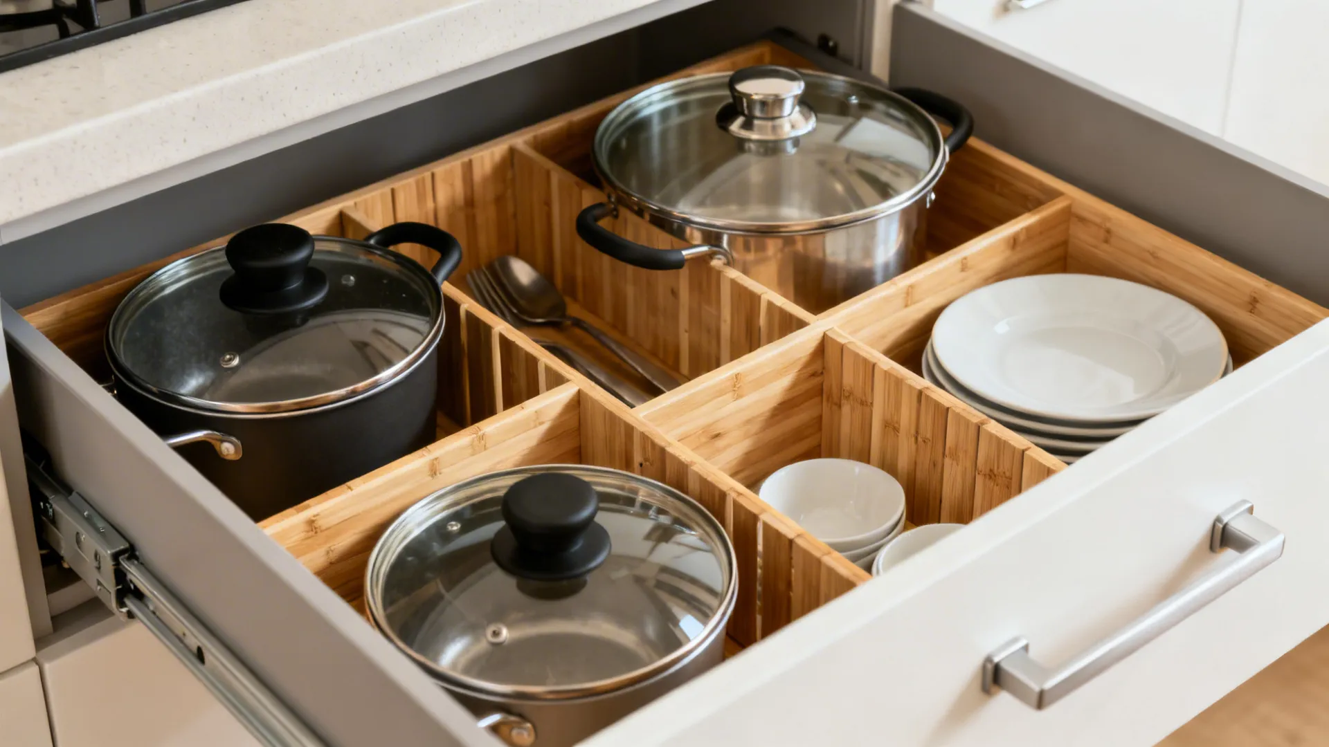 Macro of a deep kitchen drawer with bamboo dividers organizing cookware and dishes.