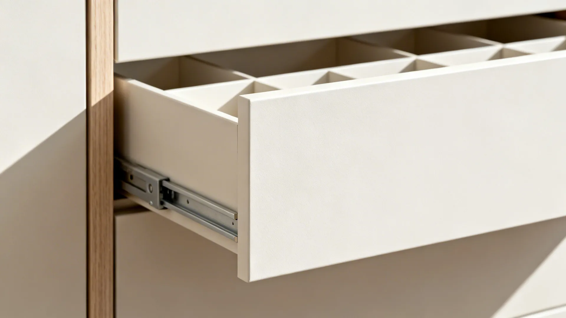 Close-up of a handleless drawer with organizer bins and precise soft-close hardware.