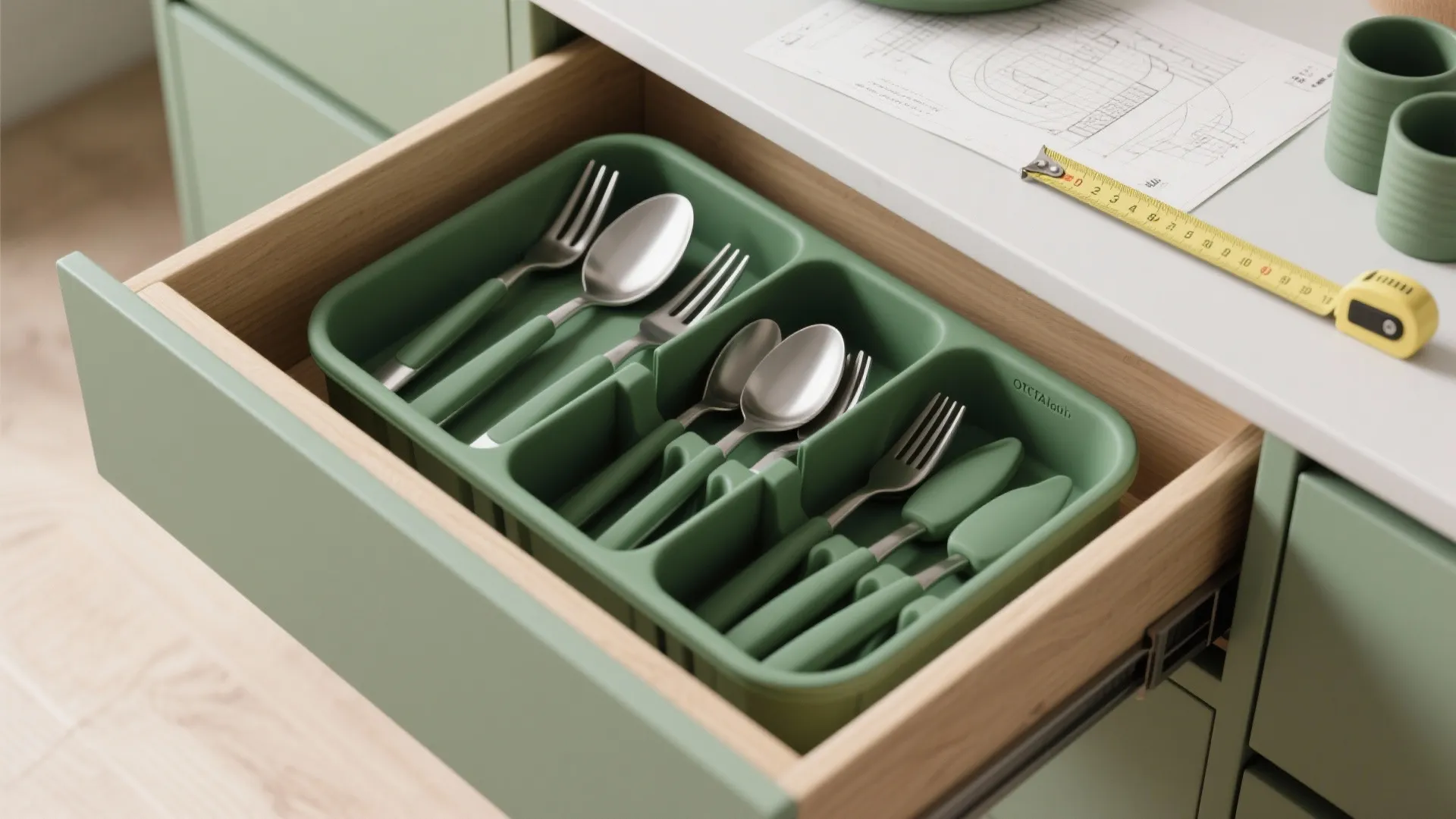 Open kitchen drawer featuring a green plastic tray for organizing forks and spoons with tape