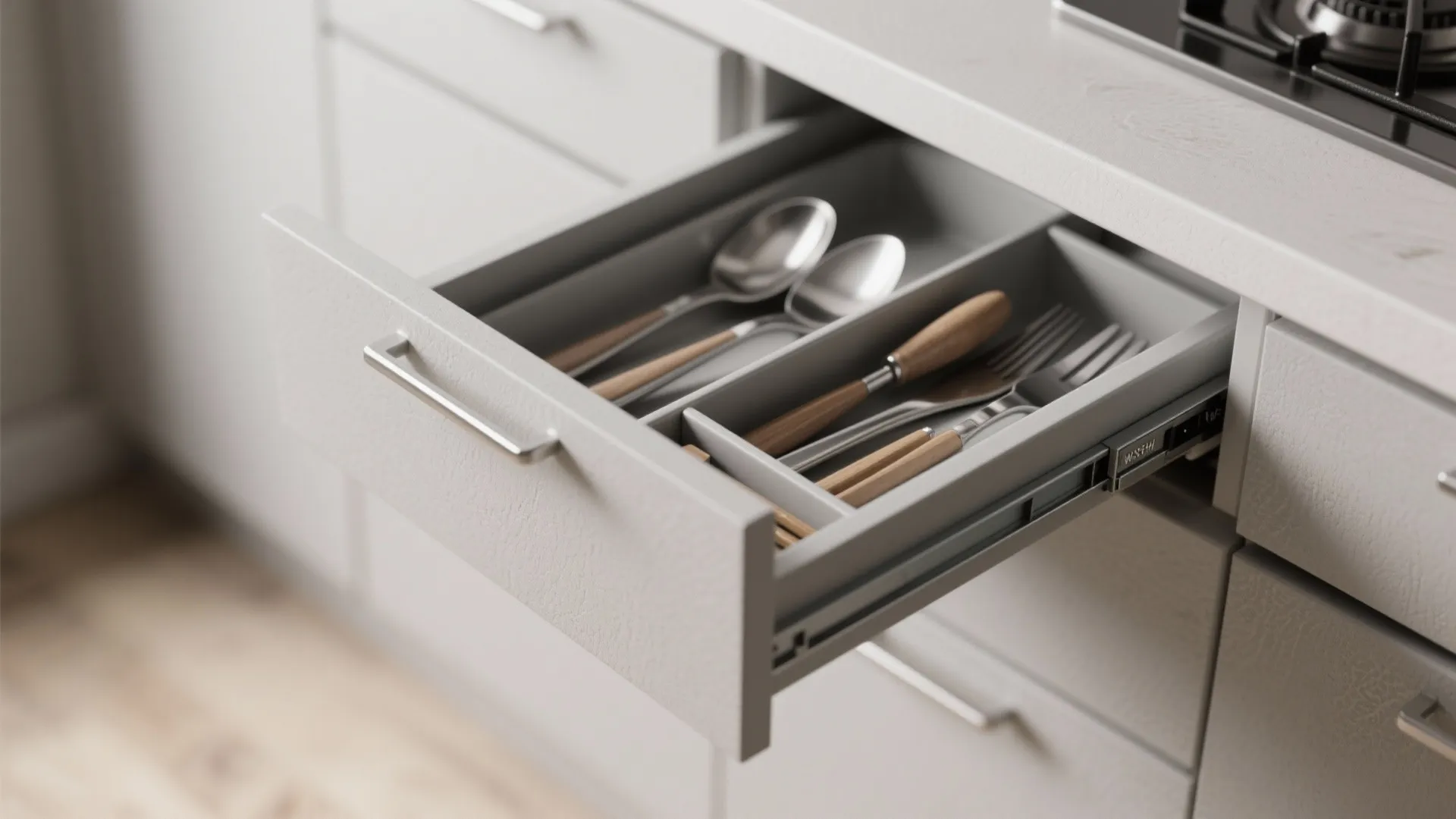 Open kitchen drawer with grey organizer tray holding metal spoons and forks with wooden handles