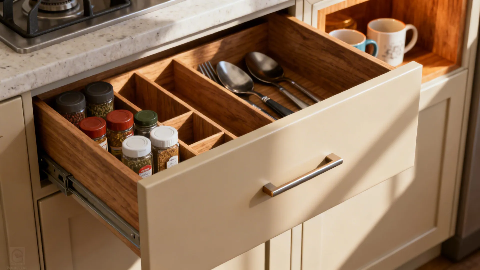 Macro of a matte cabinet drawer with oak dividers neatly organizing spices and utensils