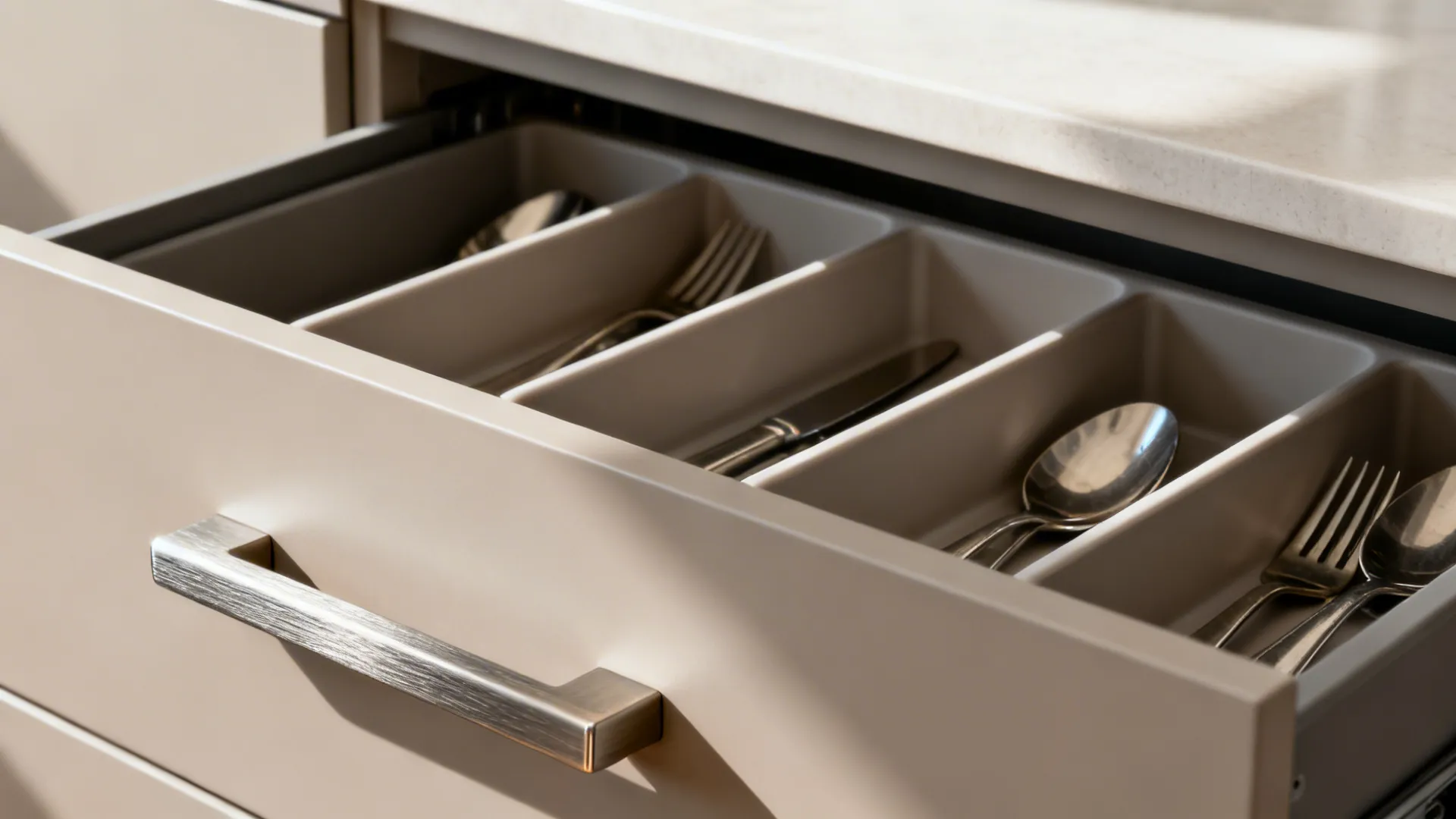 Macro view of a neatly organized kitchen drawer in matte slab-front cabinetry with brushed pull.