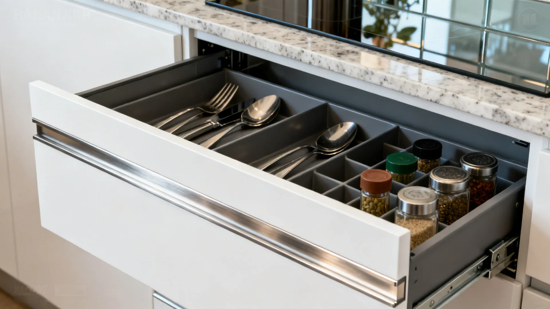 Macro shot of soft-close drawer with cutlery and spice organizers in a modular kitchen.