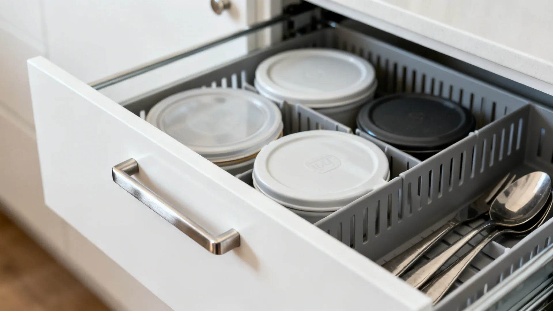 Macro of a slim kitchen drawer with adjustable dividers organizing lids and utensils.