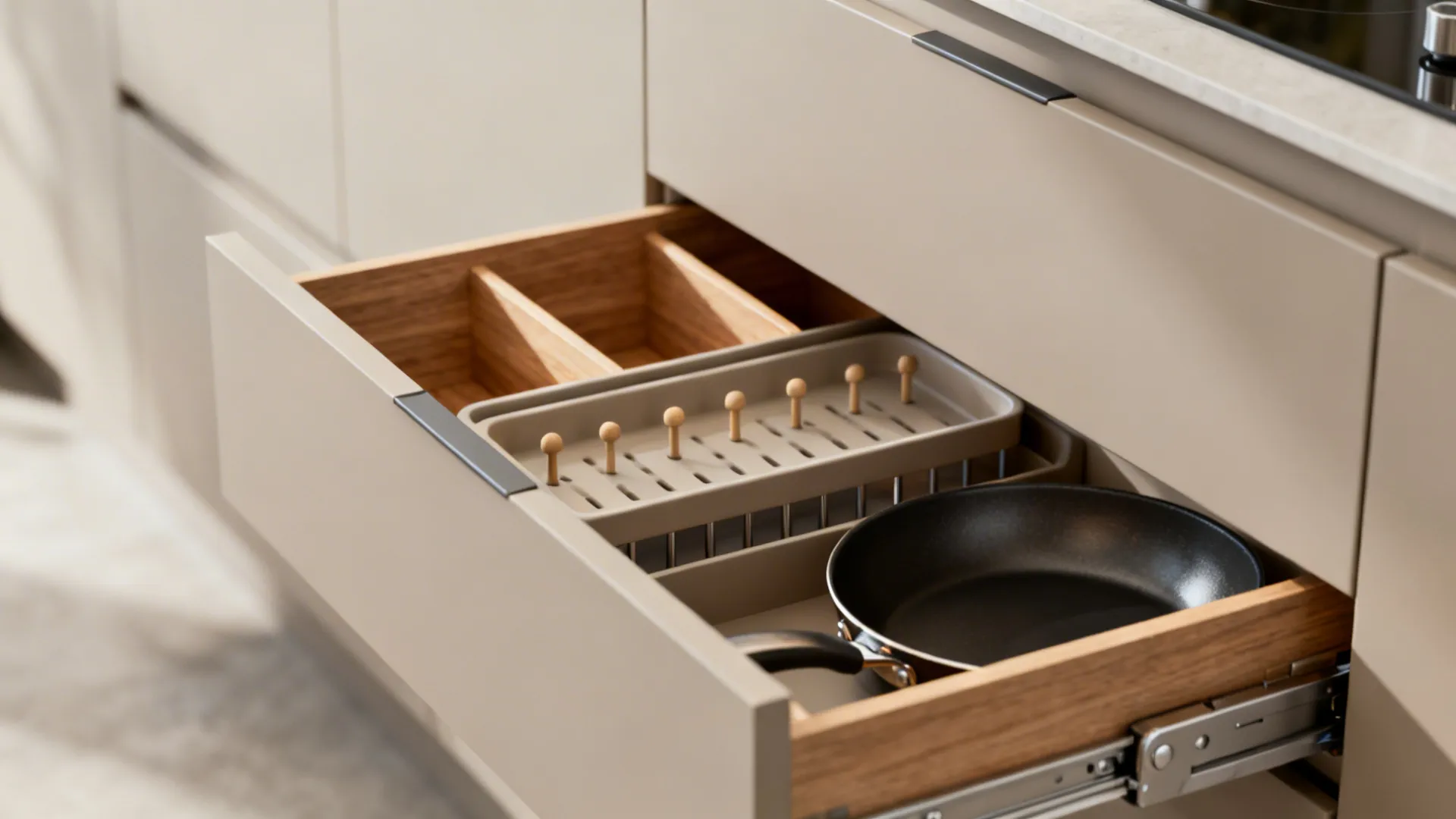 Macro of a kitchen drawer with spice tray and peg system in a minimalist cabinet.