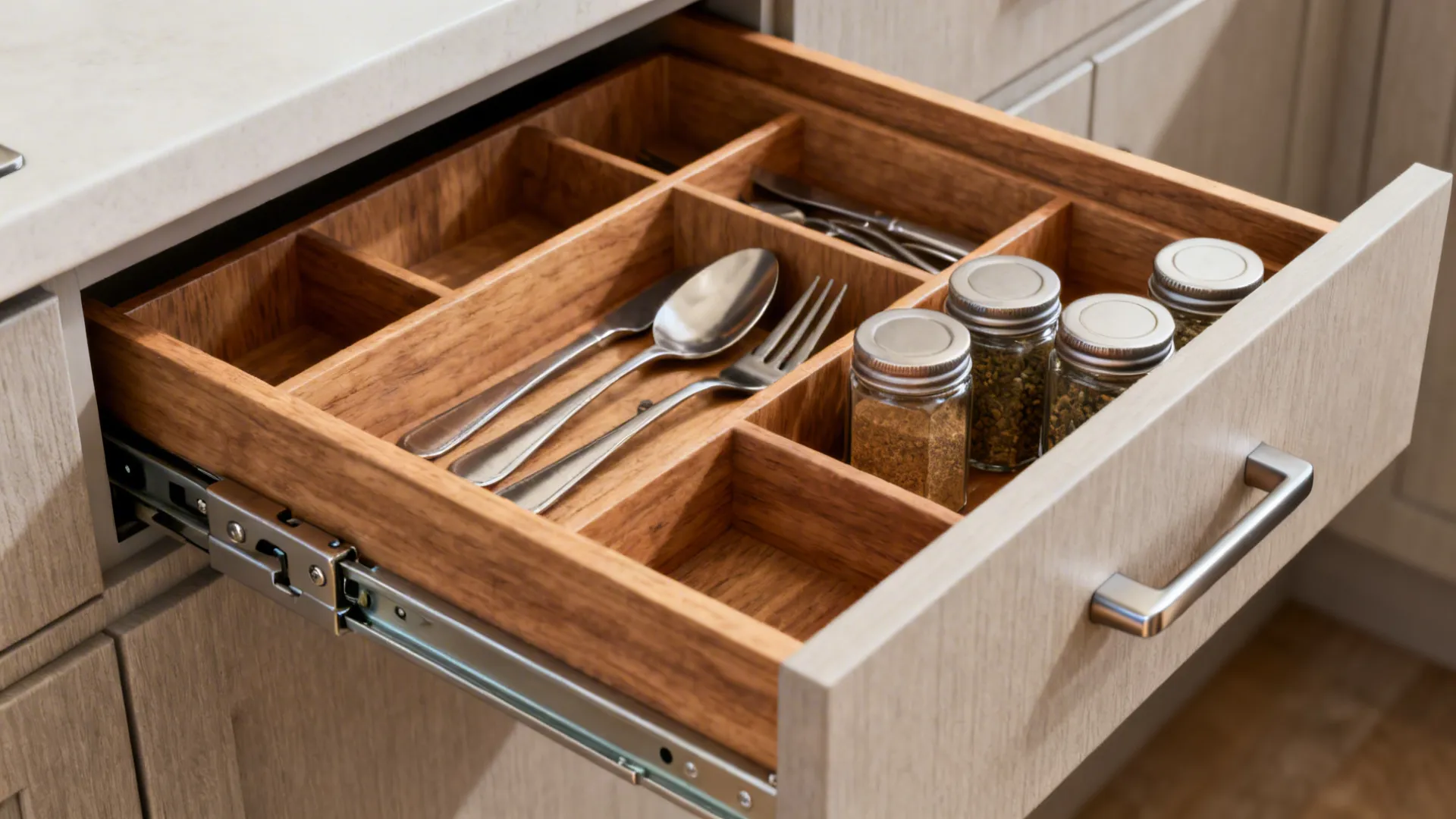 Macro of a neatly organized kitchen drawer with wood inserts and soft-close slides.