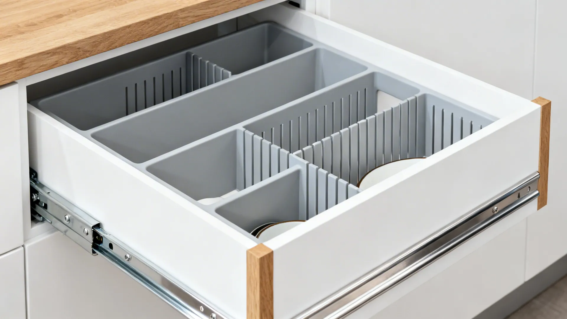 Macro of a soft-close drawer with tiered cutlery tray and vertical dividers.