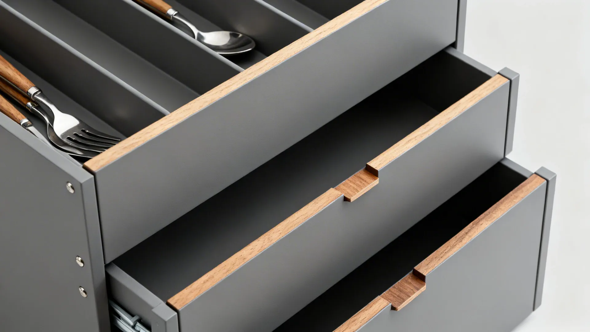 Macro view of a double-decker cutlery drawer with precise reveals.