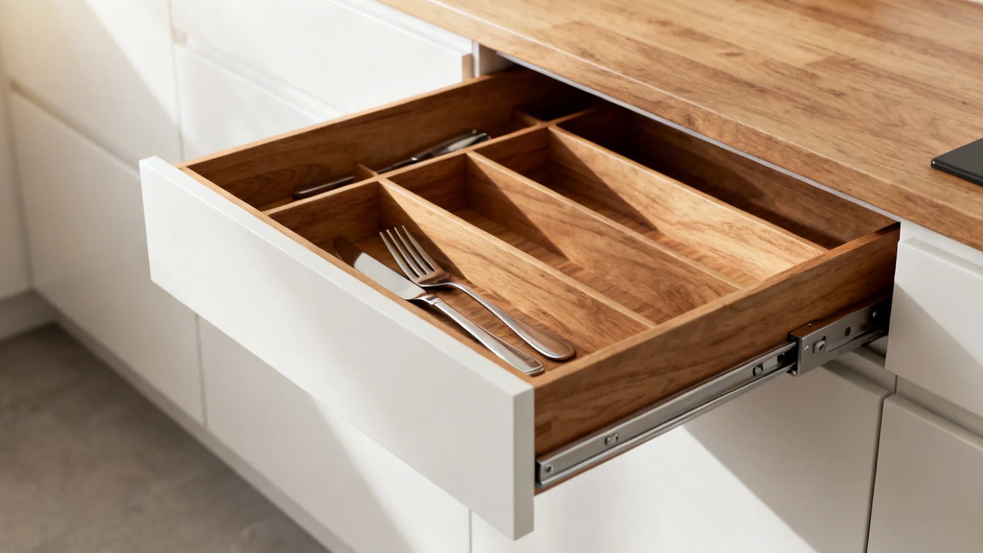 Macro of oak tray dividers inside a matte white kitchen drawer with soft-close hardware.