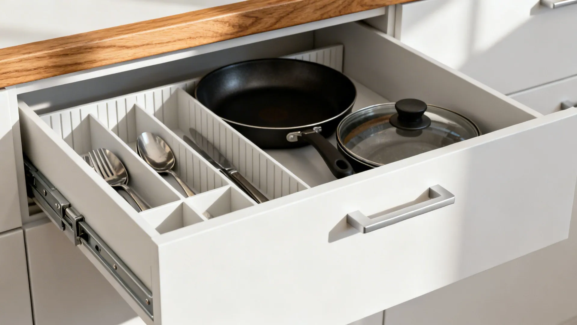 Macro of a white kitchen drawer with dividers neatly organizing utensils and pans.