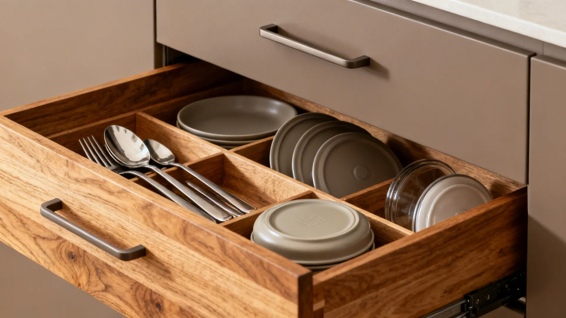 Macro of oak drawer with dividers and soft-close hardware in a minimalist kitchen.