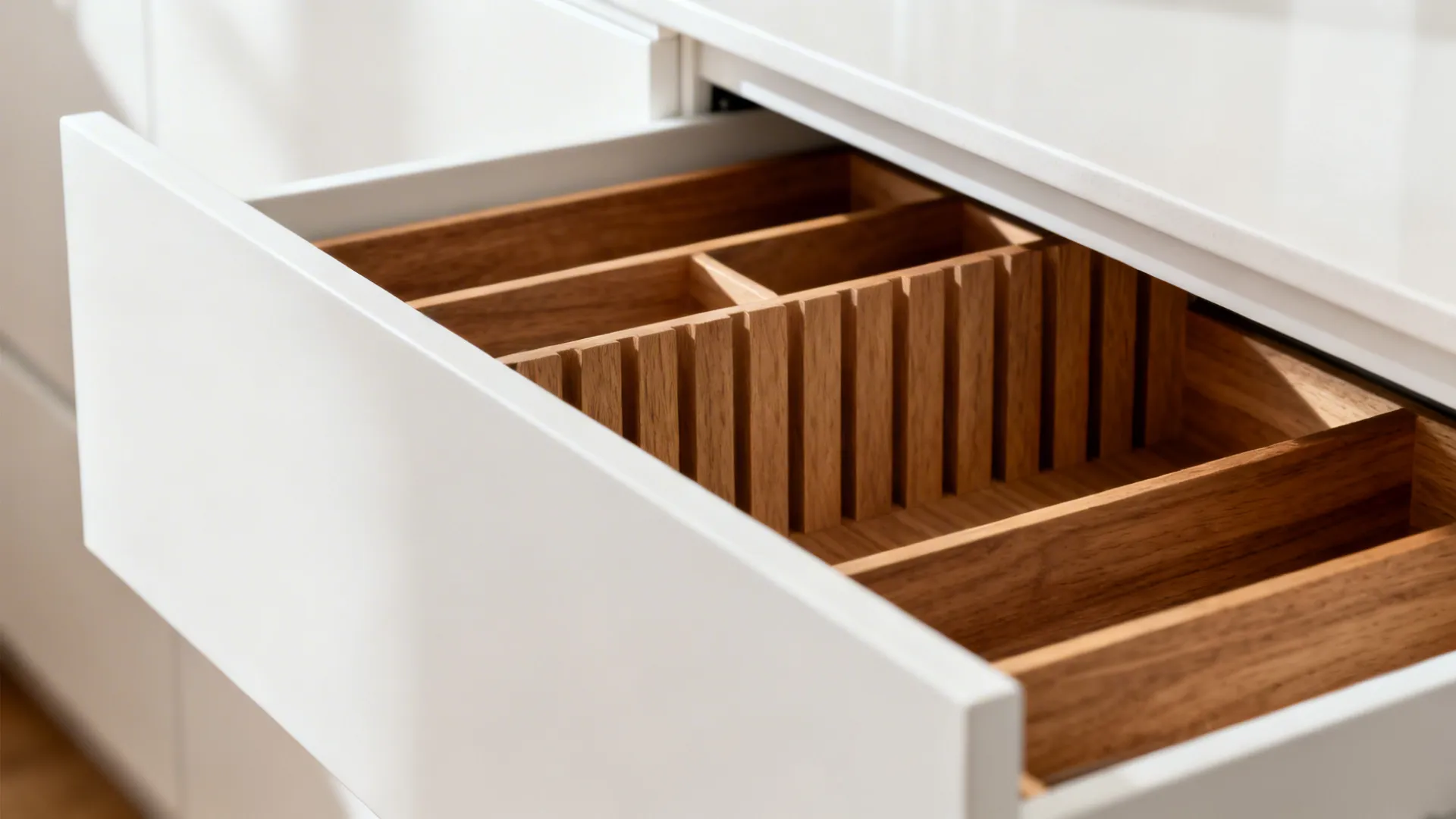 Macro of matte white drawer with oak cutlery tray and vertical tray dividers.