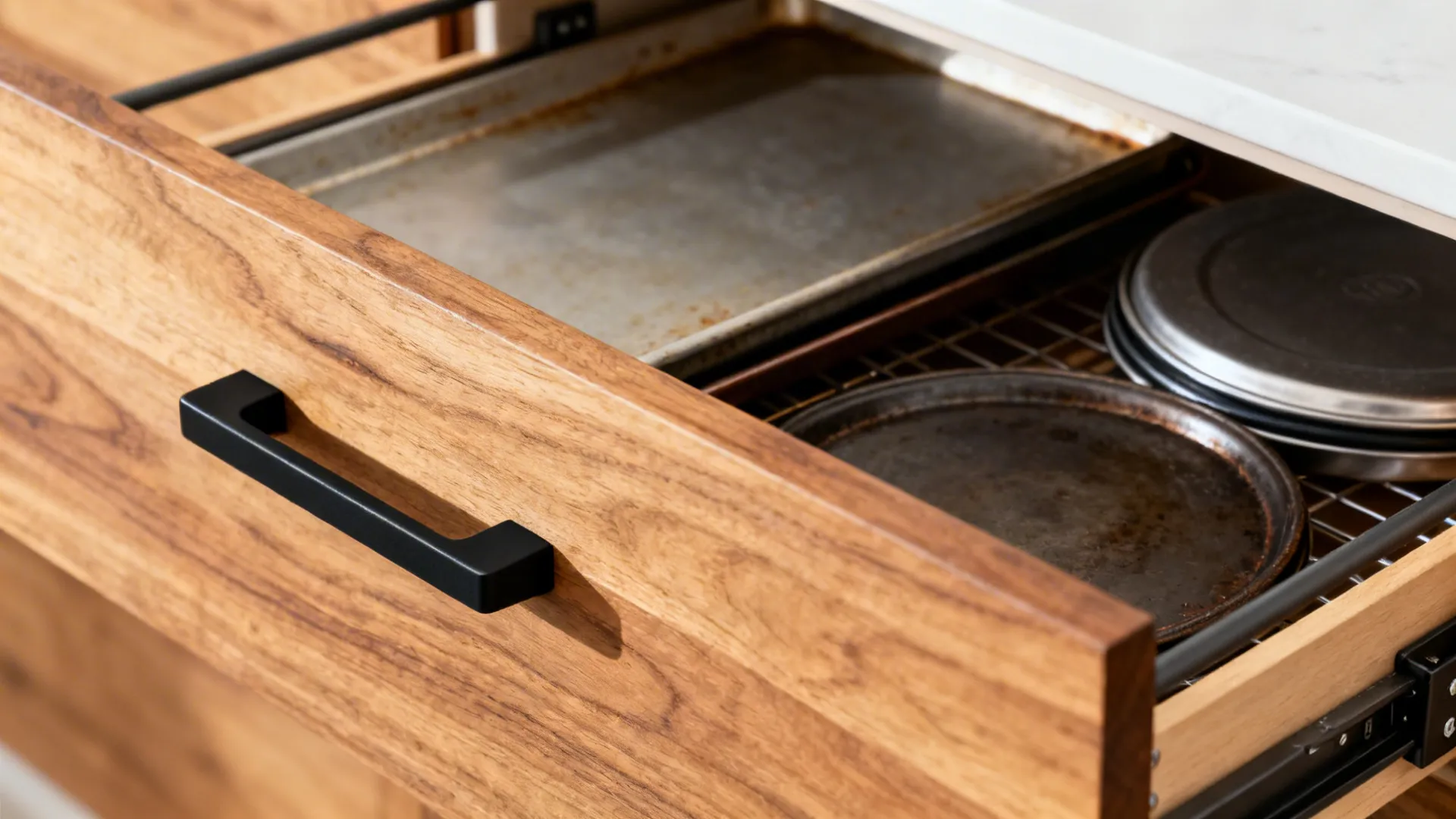 Macro of a rift oak drawer with matte black pull and organized baking trays on soft-close hardware.