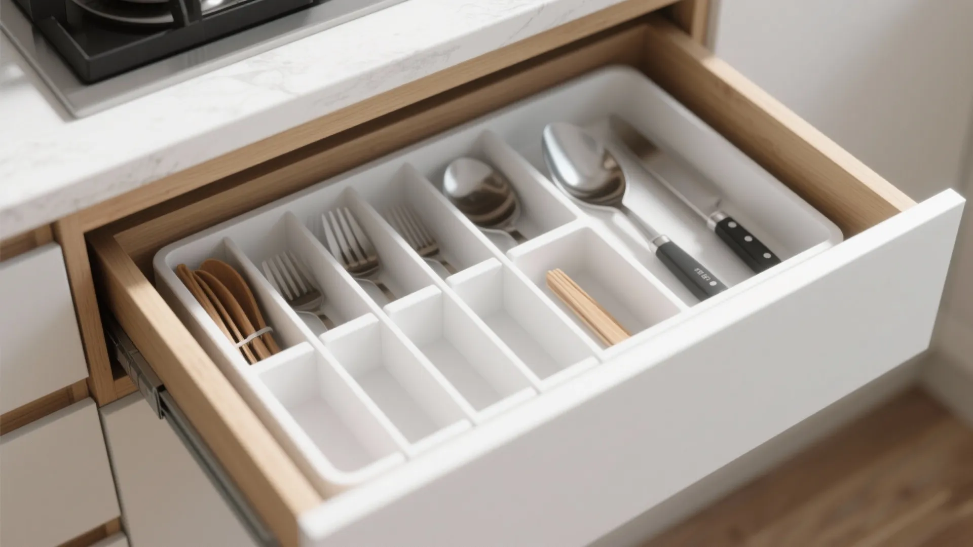 5. Built-in drawer organizer with white inserts