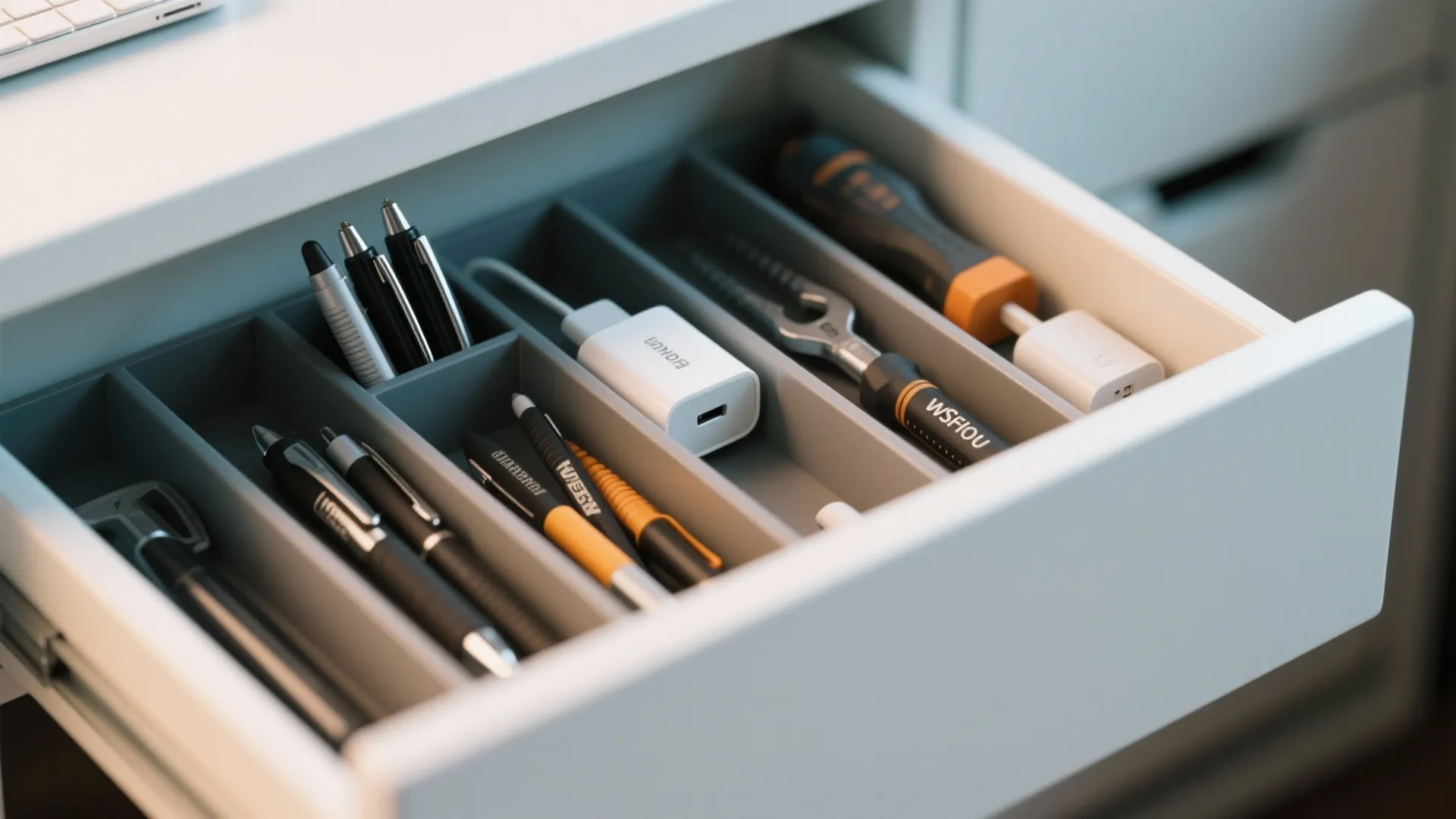 White desk drawer with grey organizer tray containing pens, power adapter, tools, and office supplies