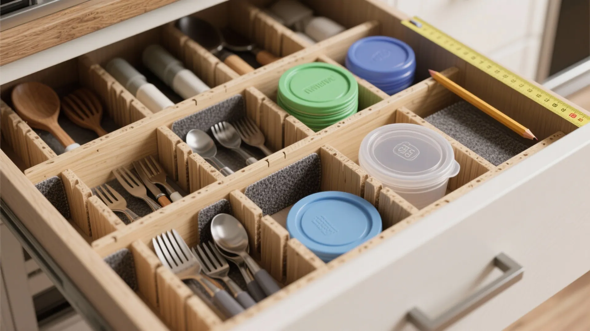 Open kitchen drawer with wooden dividers organizing silver spoons forks and small colorful plastic storage containers