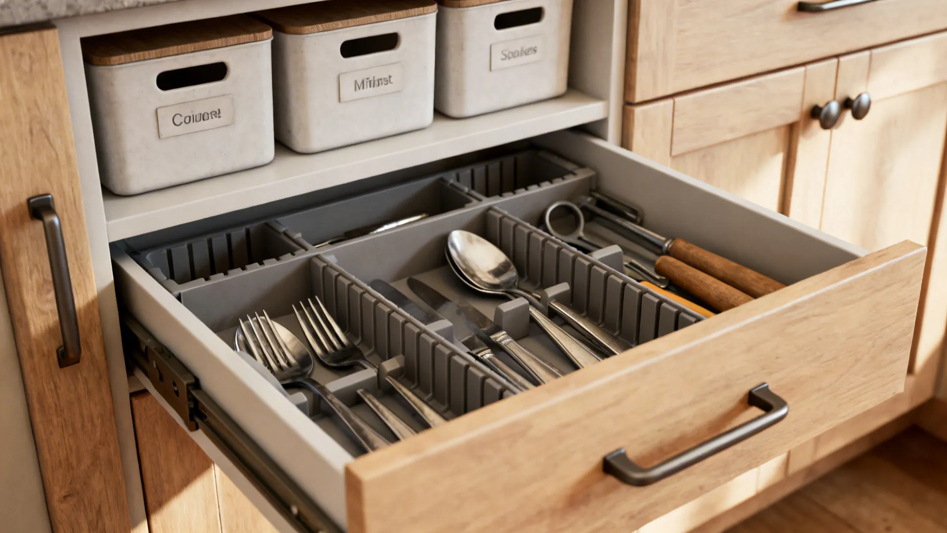 Macro of adjustable kitchen drawer organizers with neatly arranged utensils.