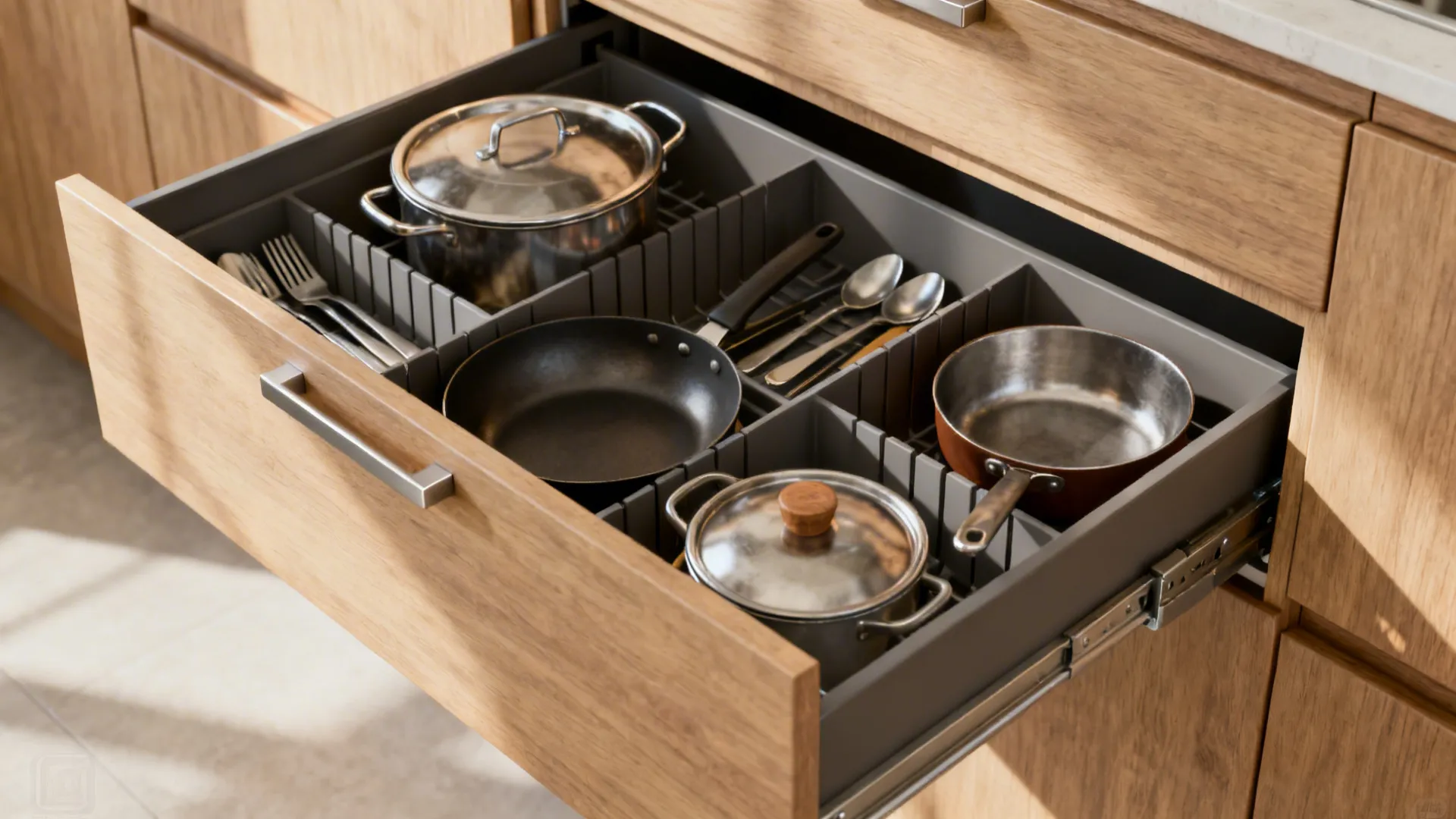 Open wooden kitchen drawer with grey organizer holding pots pans silver forks and metal spoons