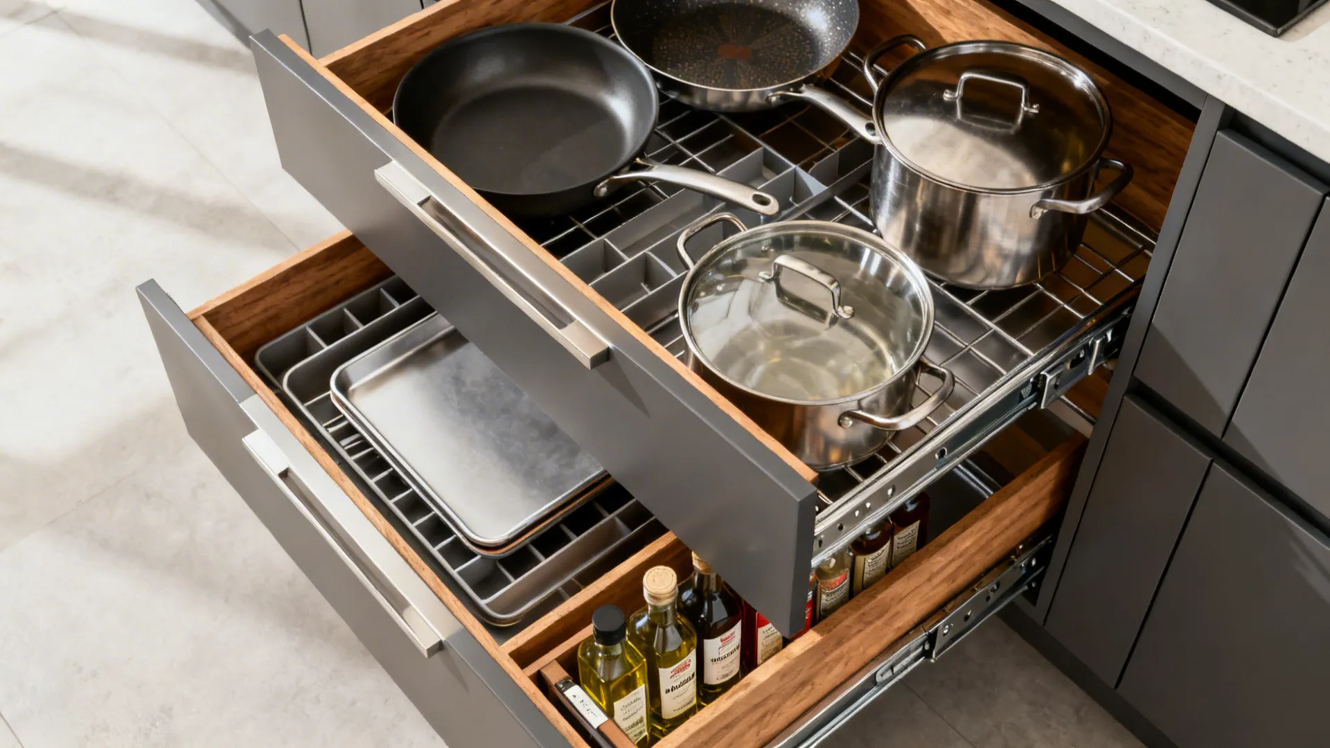 Macro of full-extension deep drawers with dividers and a narrow pull-out for oils and spices in a modern kitchen.