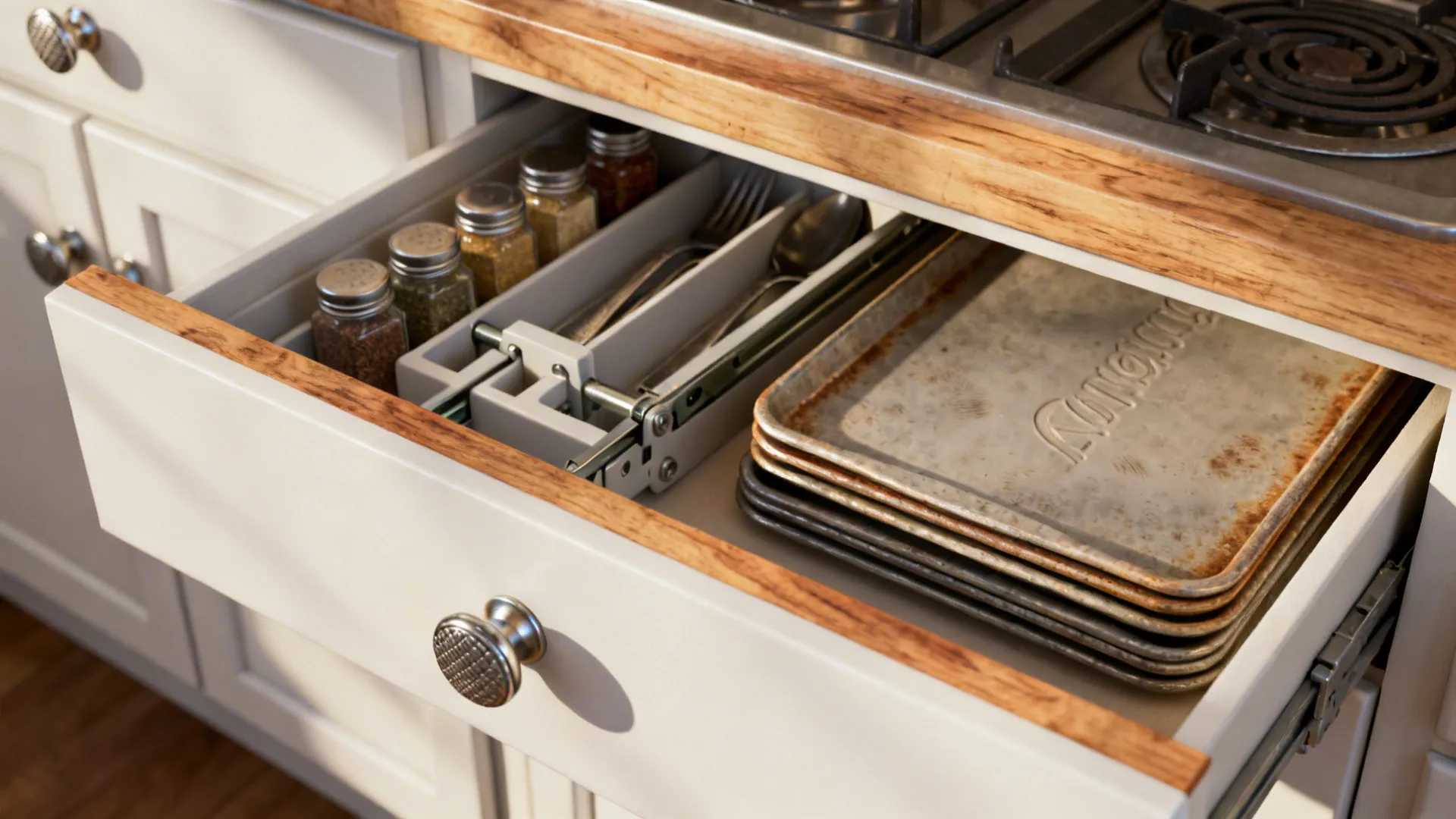 Macro of soft-close drawer with inserts and a toe-kick baking sheet drawer.