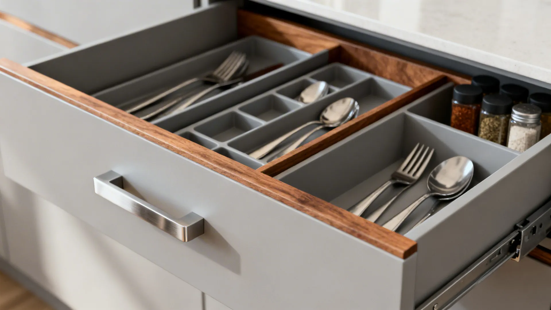 Macro of a kitchen drawer with organized utensil dividers and trays in a minimalist design.