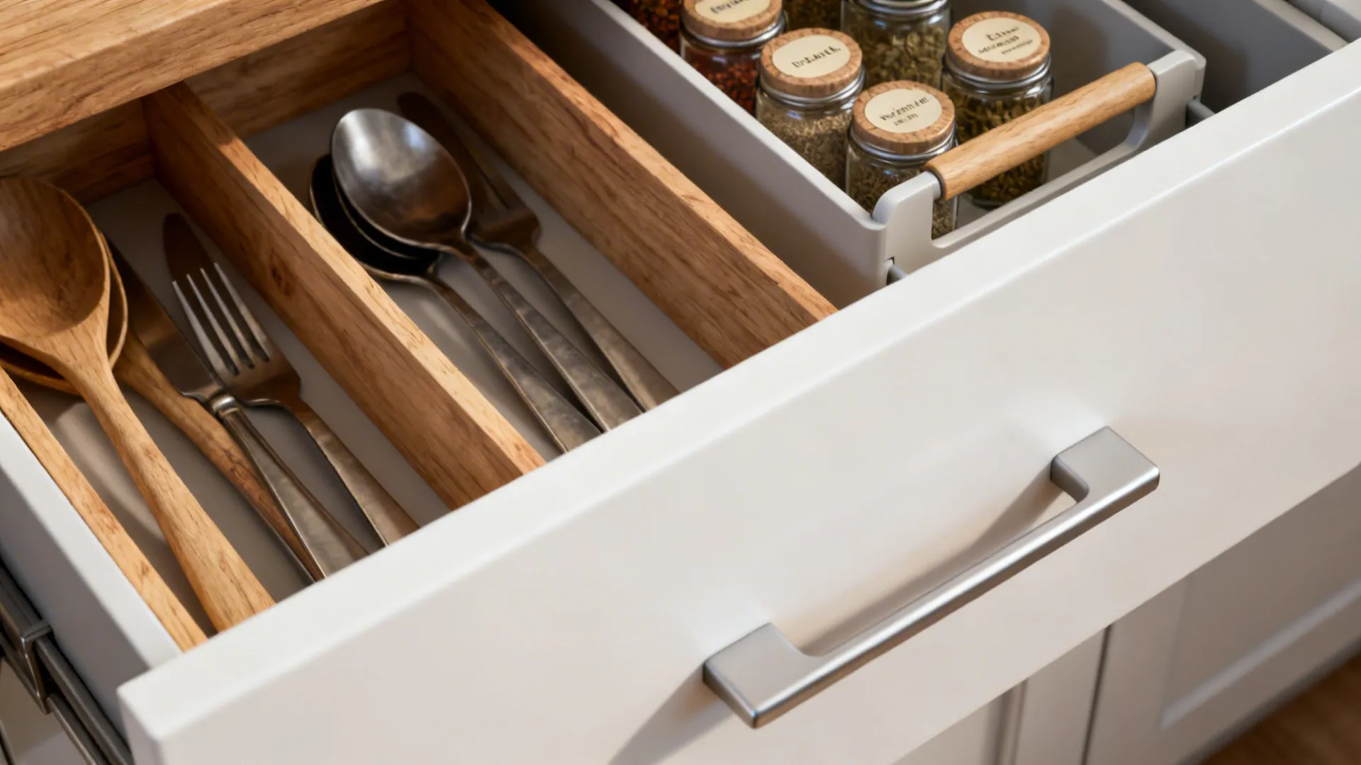 Macro view of wood drawer organizers with spices and utensils in a matte white kitchen.