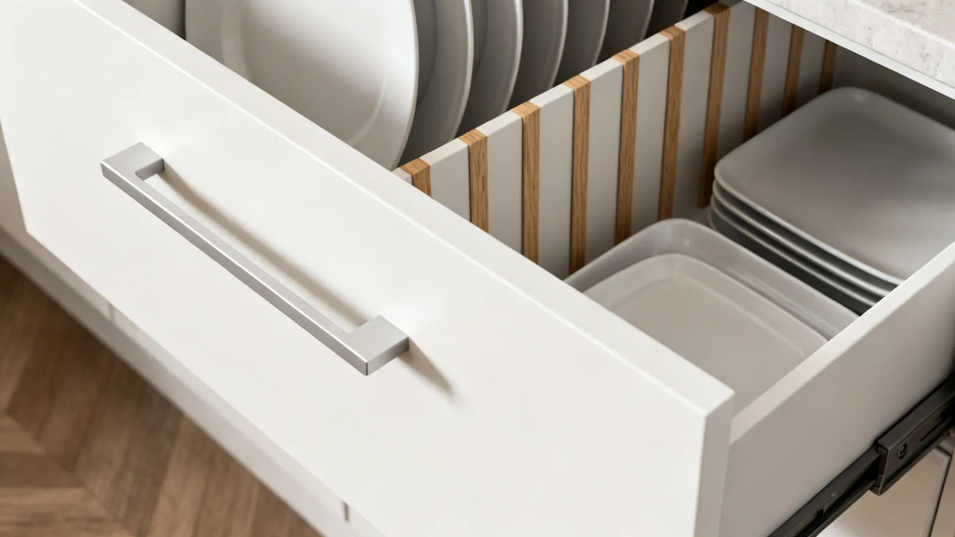 Macro of organized kitchen drawer with oak dividers and matte white front.