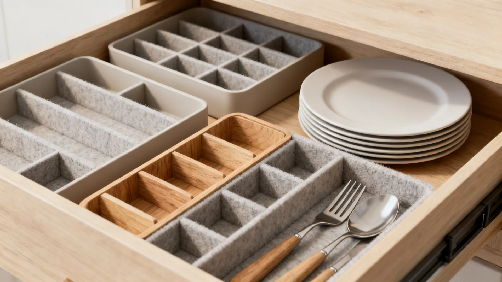 Flatlay of drawer dividers, tiered inserts and utensil trays on wood