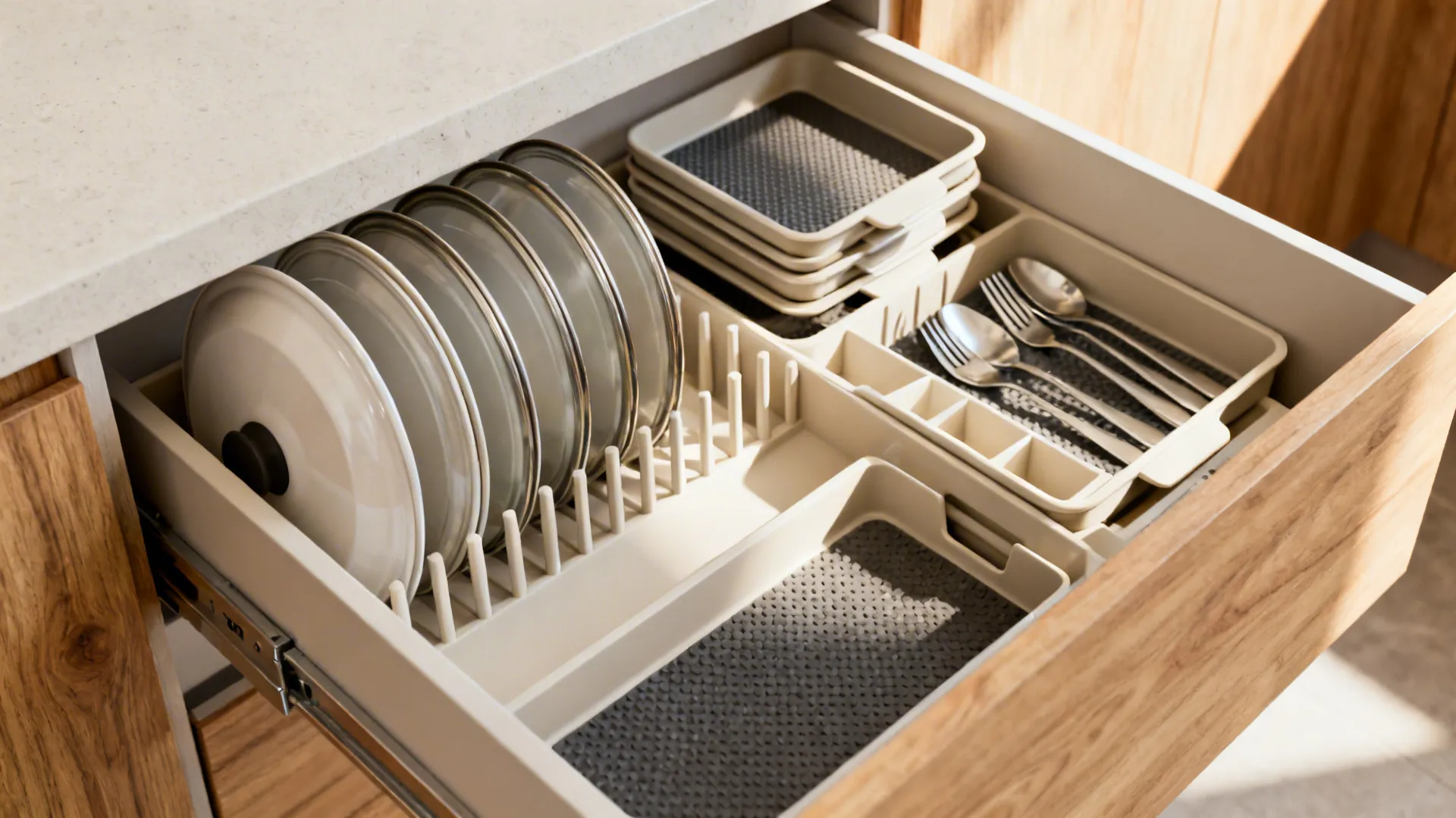 Open wooden kitchen drawer with organizers for plates spoons and forks inside a kitchen cabinet
