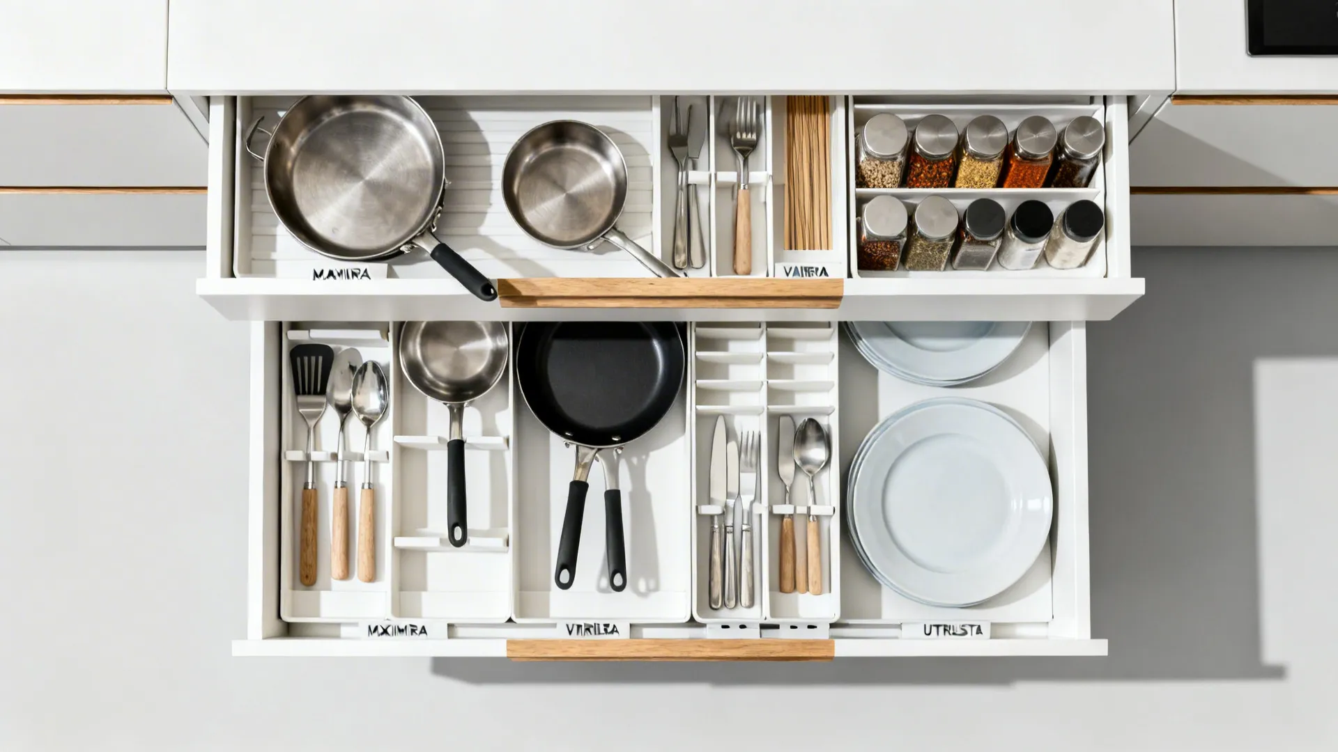 Top-down flat lay of MAXIMERA drawers with VARIERA inserts and inner drawers.