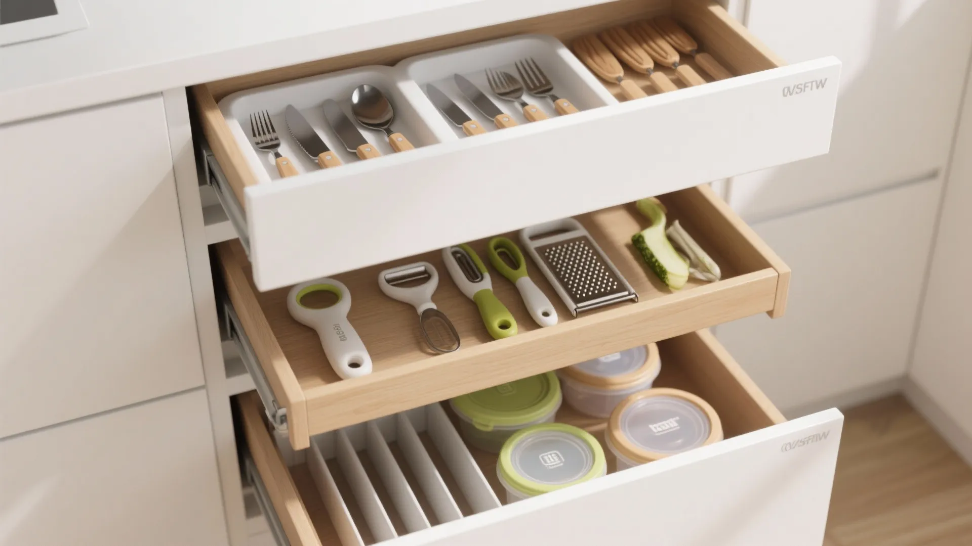 2. One Drawer for Utensils, One for Prep Tools, One for Tupperware
