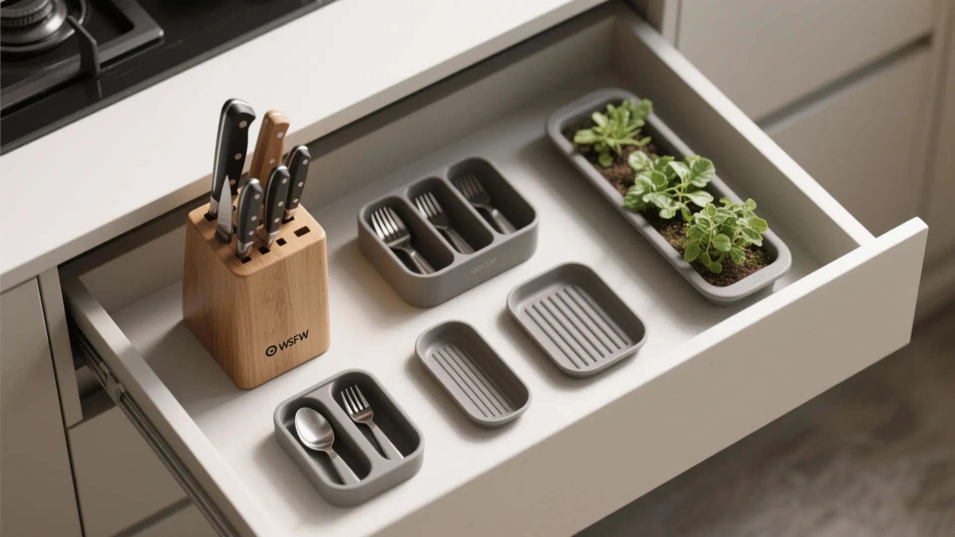 Open kitchen drawer containing wooden knife block grey trays for forks spoons and small plants
