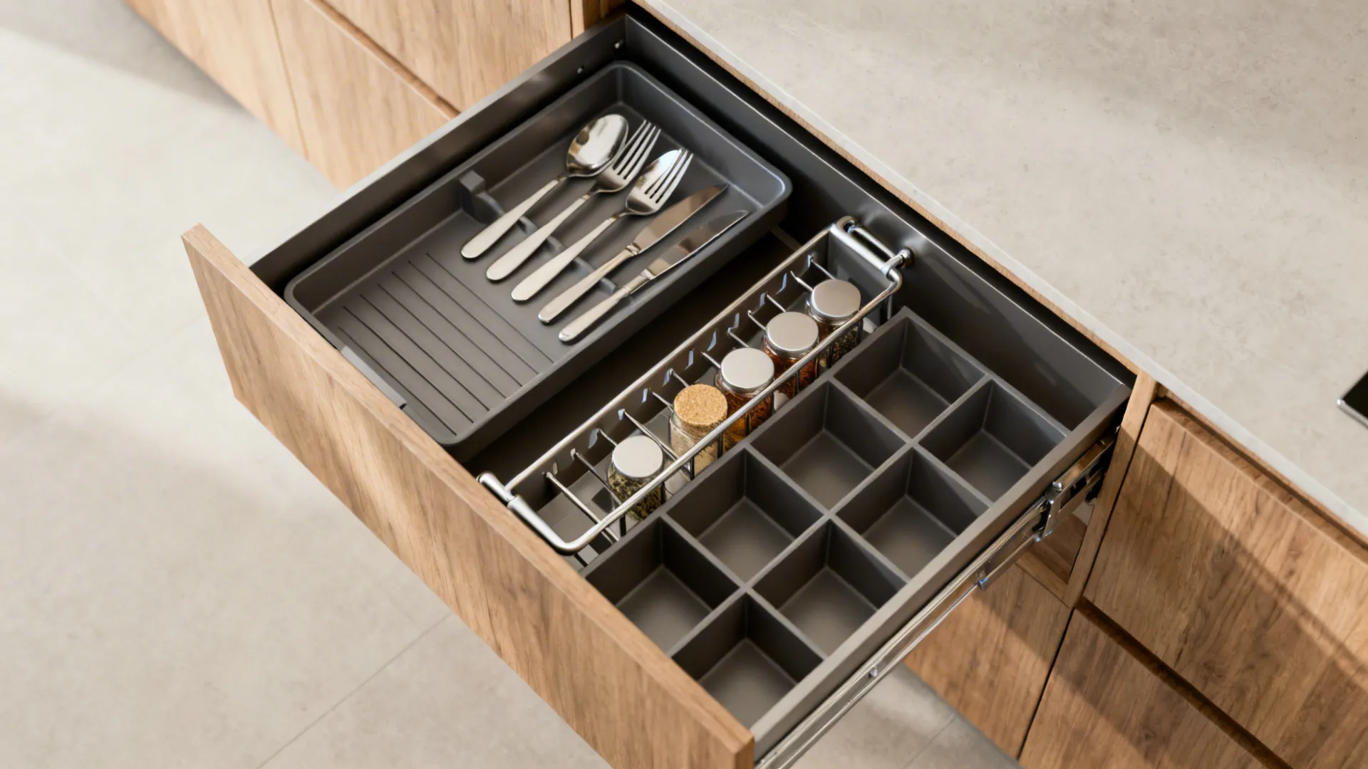 Top-down view of drawer organizers and a deep kitchen drawer layout for optimized storage.