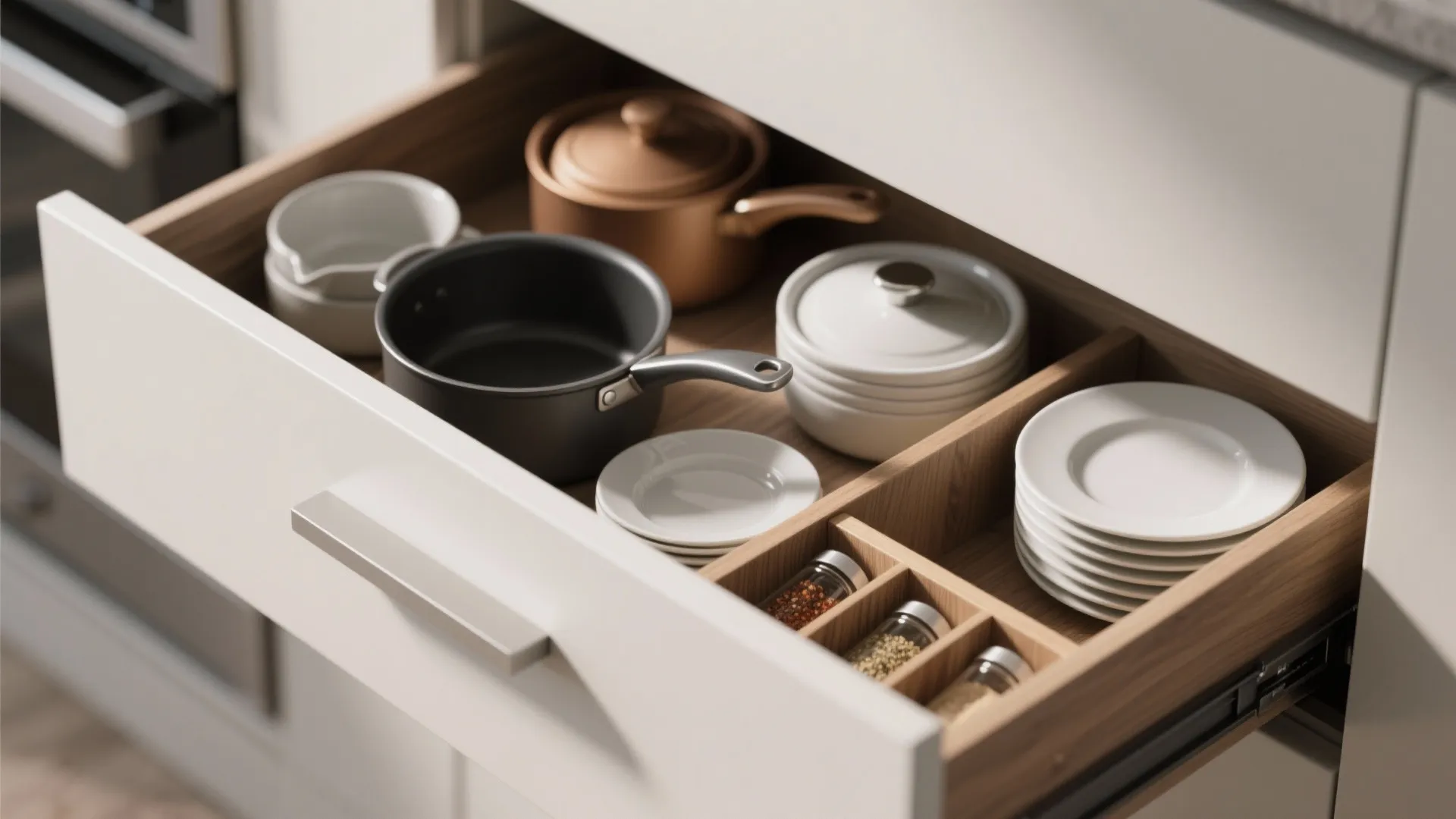 Open kitchen drawer with wooden organizer holding pots, pans, white plates, and small spice jars